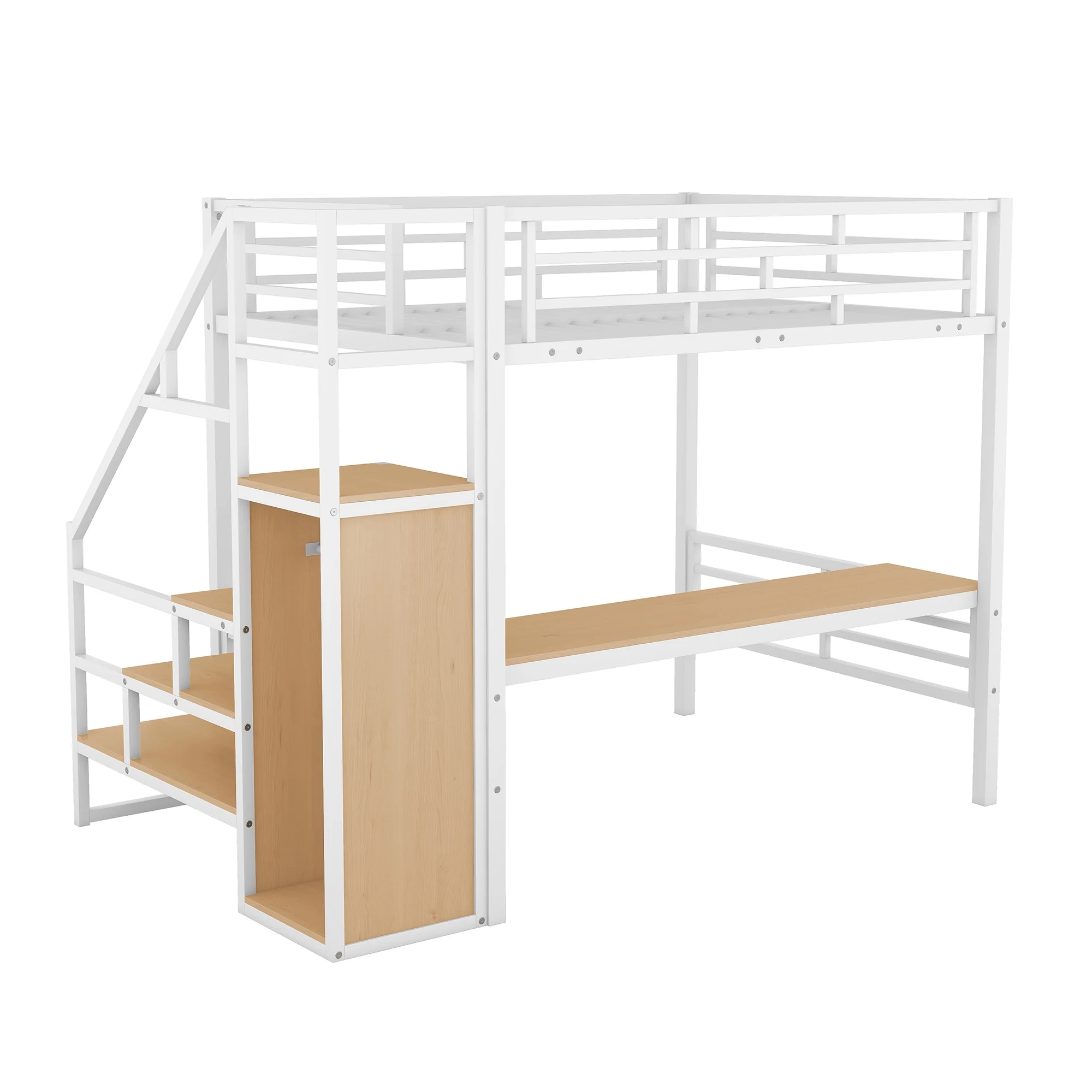 Bellemave Full Size Metal Loft Bed with Convertible Storage Staircase and Small Wardrobe, Heavy Duty Loft Bed Frame with Built-in Long Desk and Safety Guardrail for Kids,Teens, White