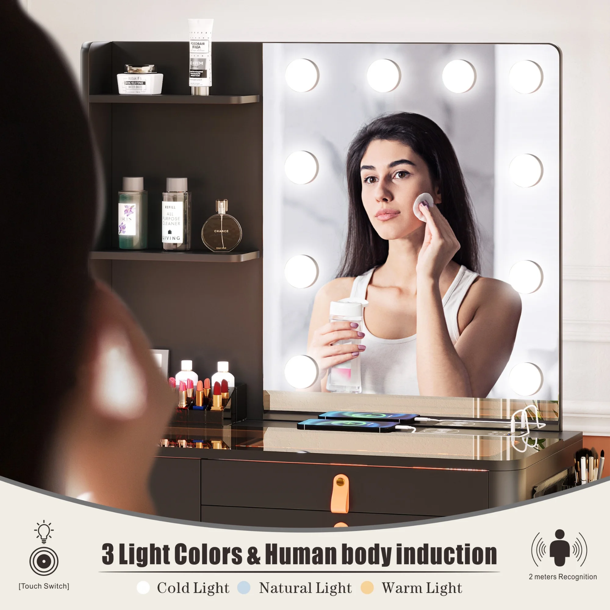 FREDEES Makeup Vanity Desk Set with Hollywood Mirror and Led Lights and Charging Station for Bedroom, Black