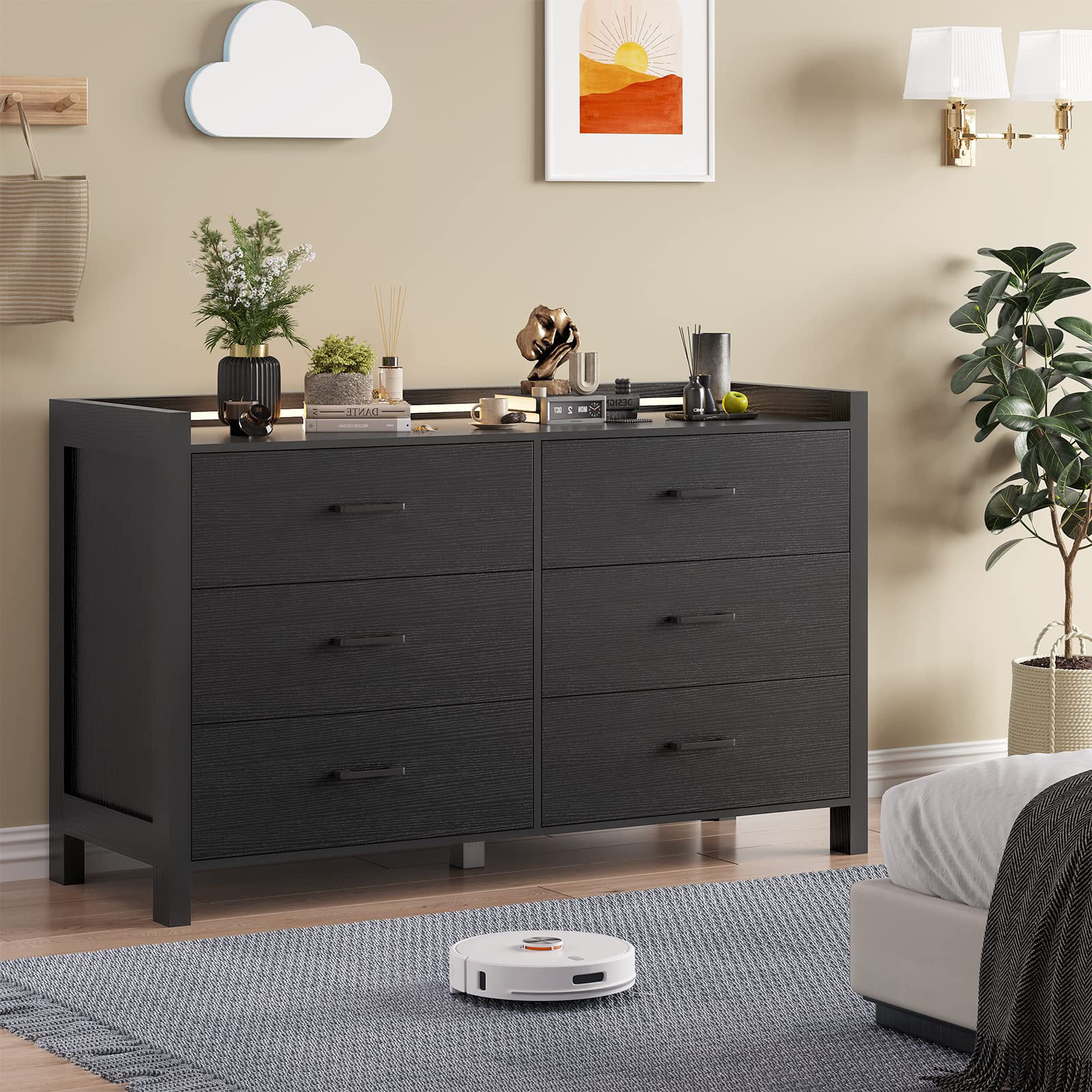 6 Drawer Double Dresser with LED Lights, Large Wooden Storage Cabinet,Drawer Dresser for Bedroom, Hallway, Entryway,Black