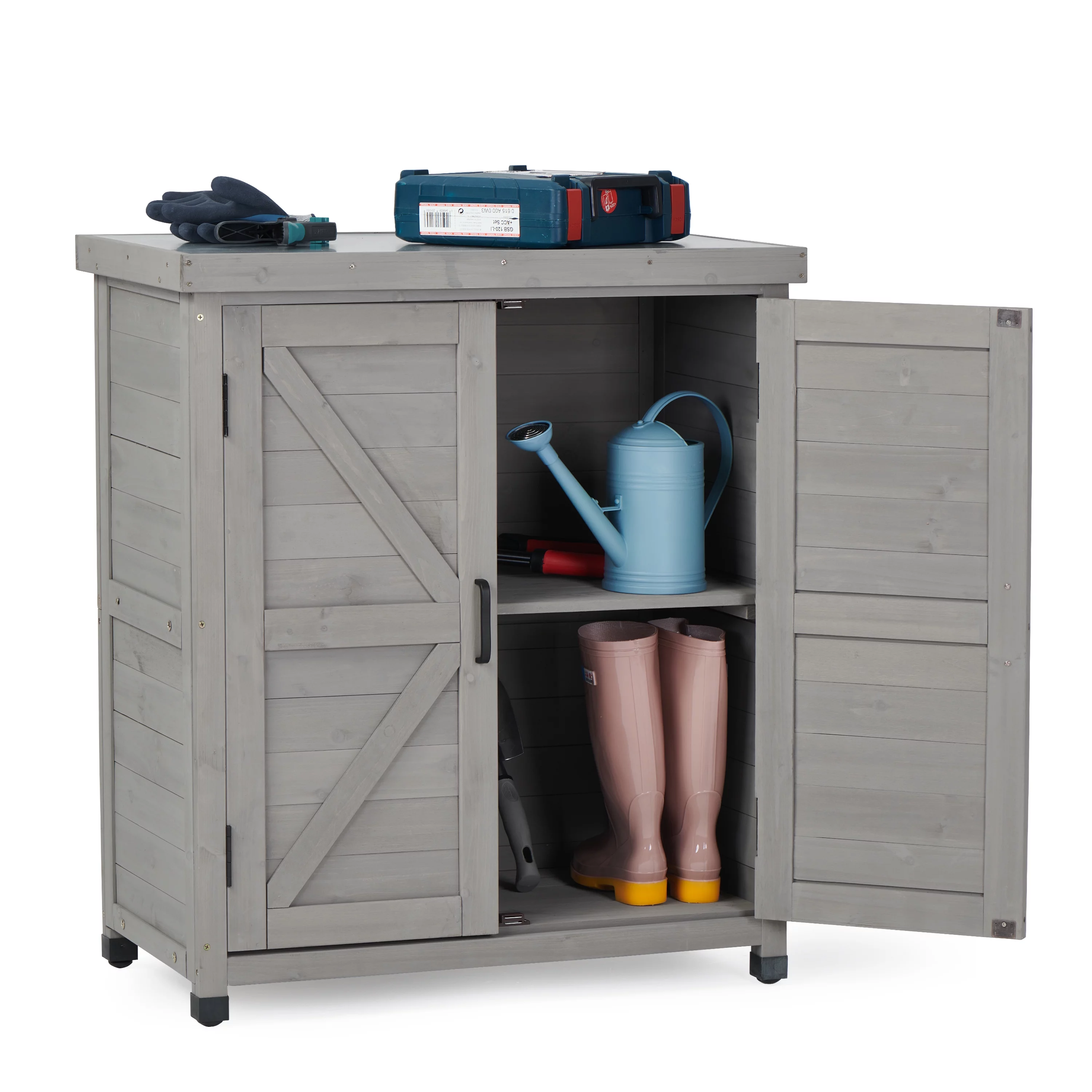 D-road Wood Garden Storage Cabinet & Potting Bench Table W/ Metal Top Work Station for Indoor/Outdoor, Gray