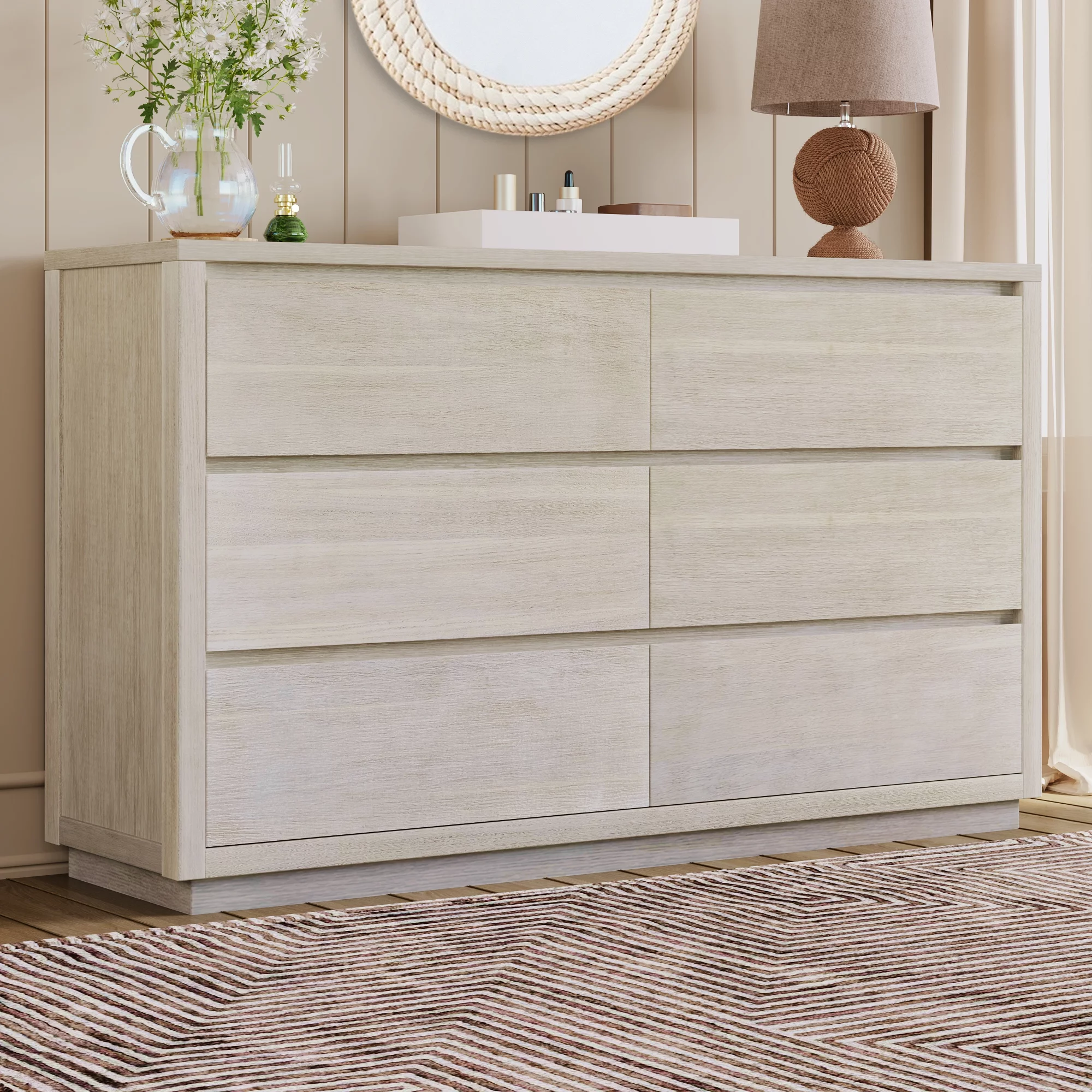 Modern Style Soild Wood 6-Drawer Dresser for Bedroom, Living Room, Stone Gray