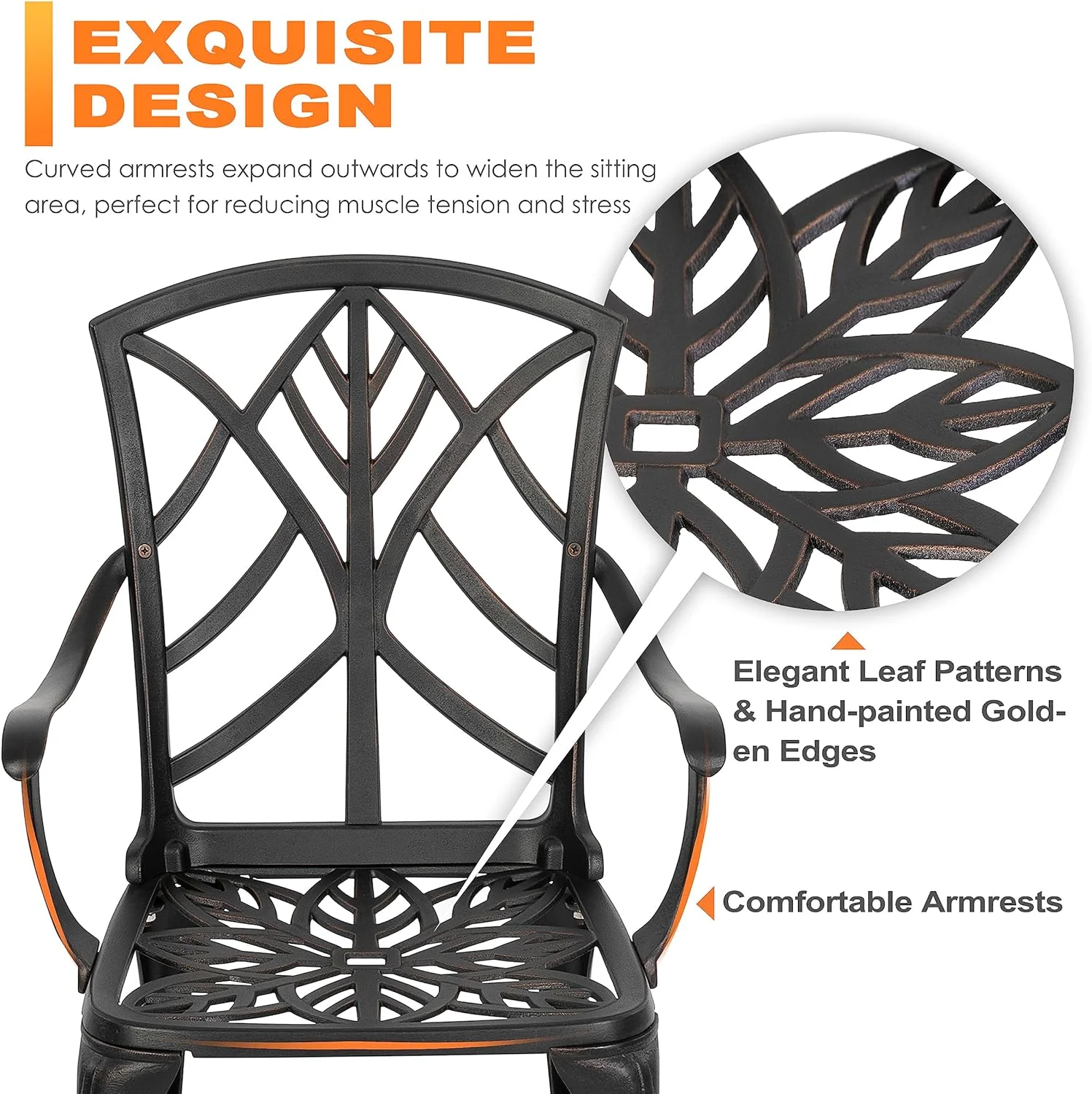 Patio Chairs Set of 2 Outdoor Dining Chairs, Cast Aluminum Stackable Patio Dining Chairs with Armrest for , Balcony, Backyard, Support 300 lbs, Black with Gold-Painted Edge