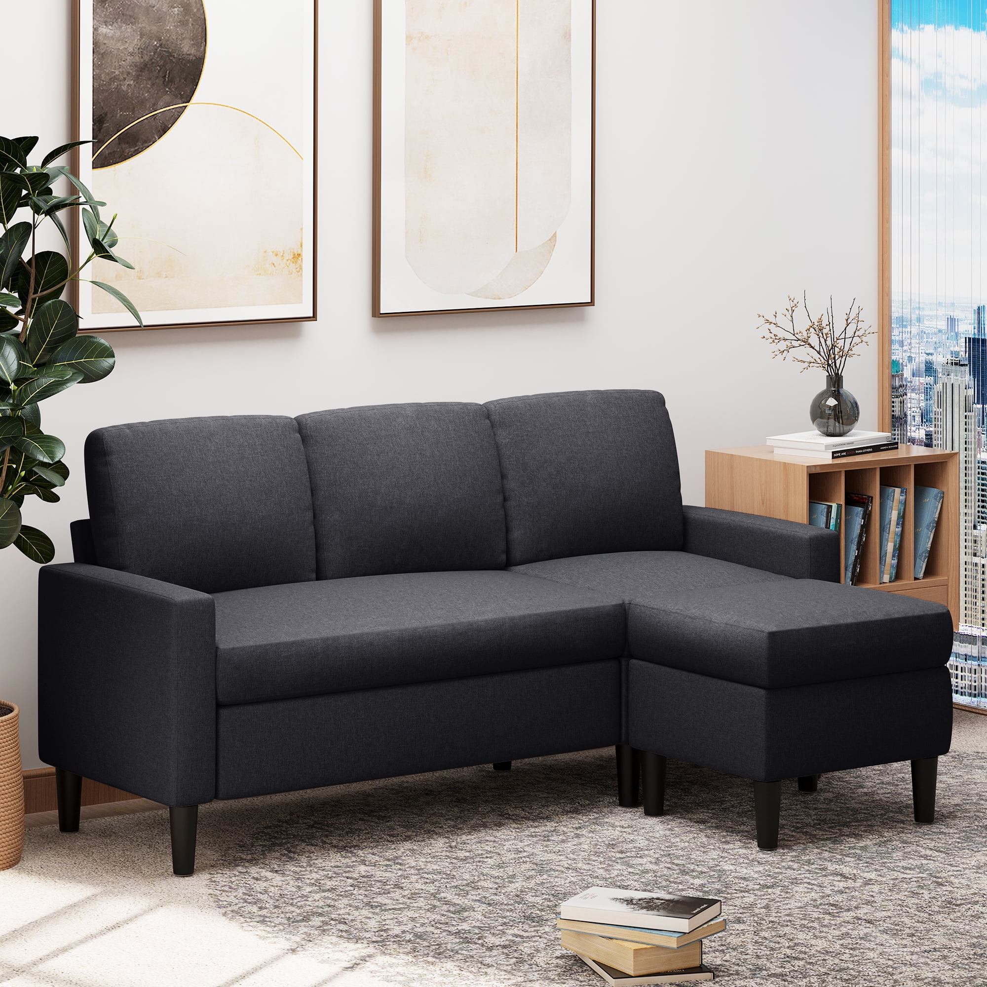 Walsunny Convertible Sectional Sofa Couch,Modern Linen Fabric L-Shaped Couch 3-Seat Sofa with Reversible Chaise for Small Space(Grayish Black)