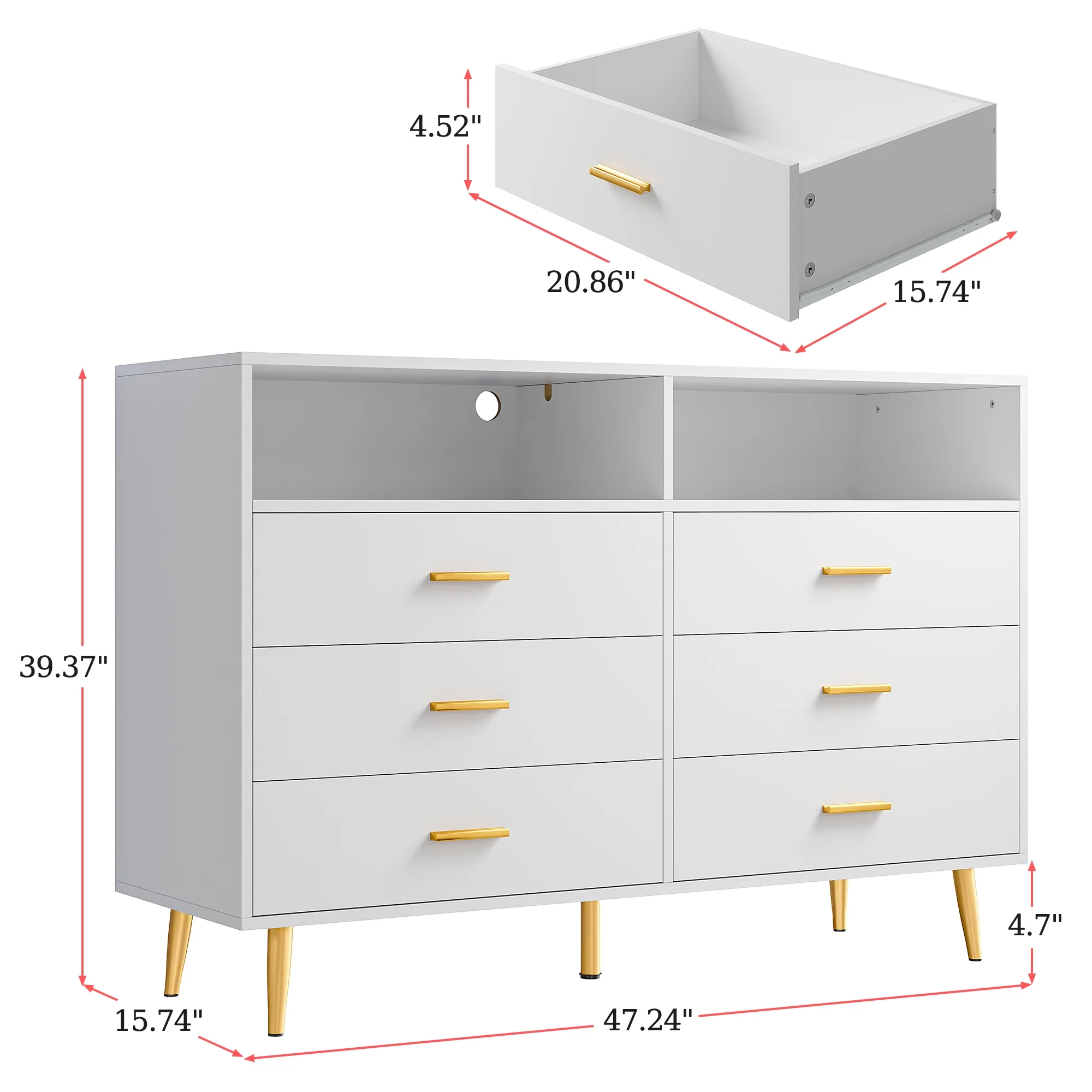 EnHomee Dresser, White Dresser with 6 Deep Drawers, Drawer Dresser with LED Lights, TV Stand Dressers & Chests of Drawers Wood Dresser for Bedroom,Wide Led Dressers,White