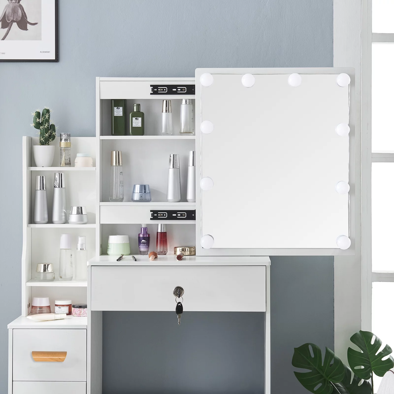 Yamissi Vanity Desk with Lighted Mirror, Makeup Dressing Table with Shelves & Drawers, Vanity Set with Mirror for Bedroom, White