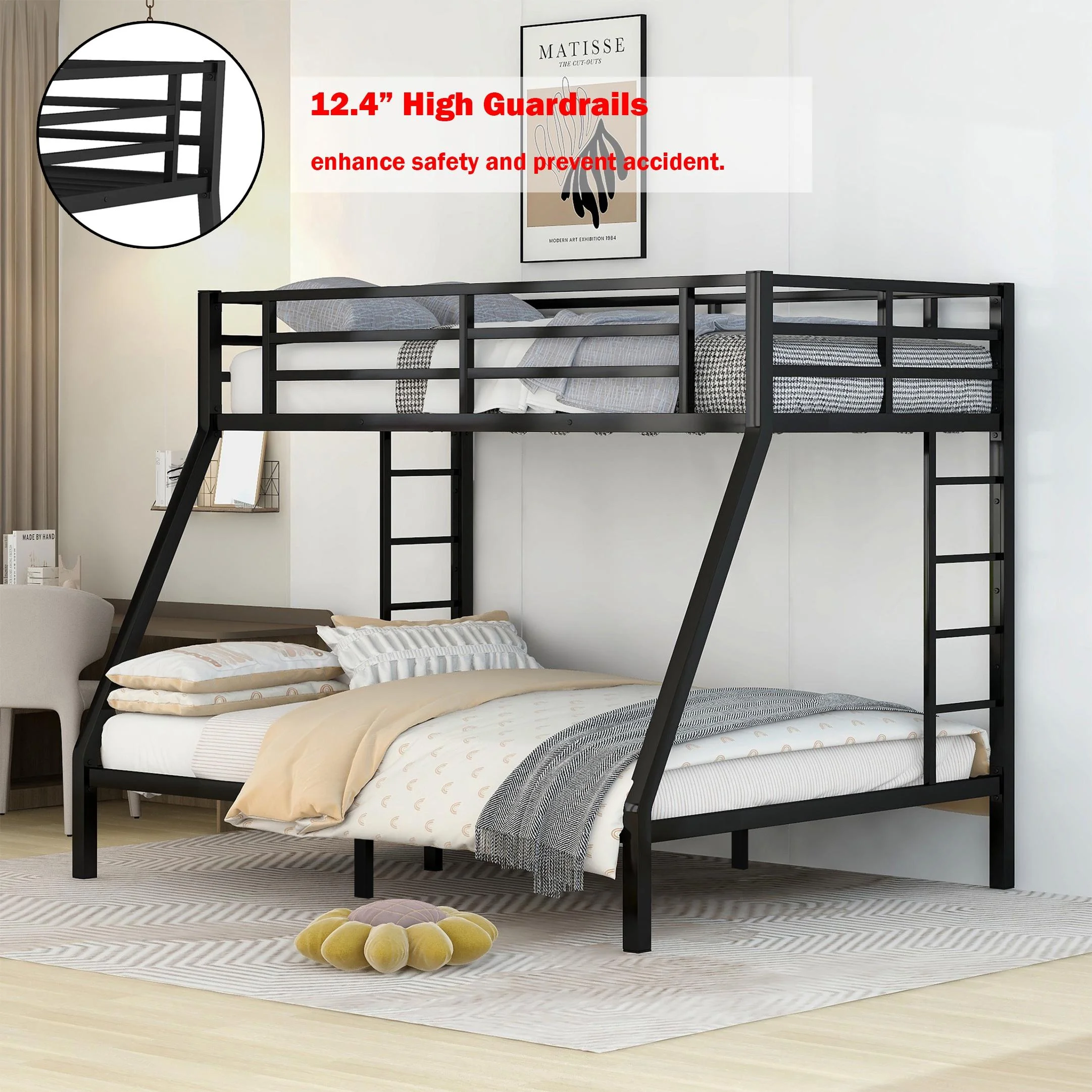 Bellemave Metal Bunk Beds Twin XL over Queen Bunk Bed for Adults, Teens, Kids Heavy Duty Bunk Bed Frame with 2 Ladder and Full-Length Guardrails, No Box Spring Needed, Black