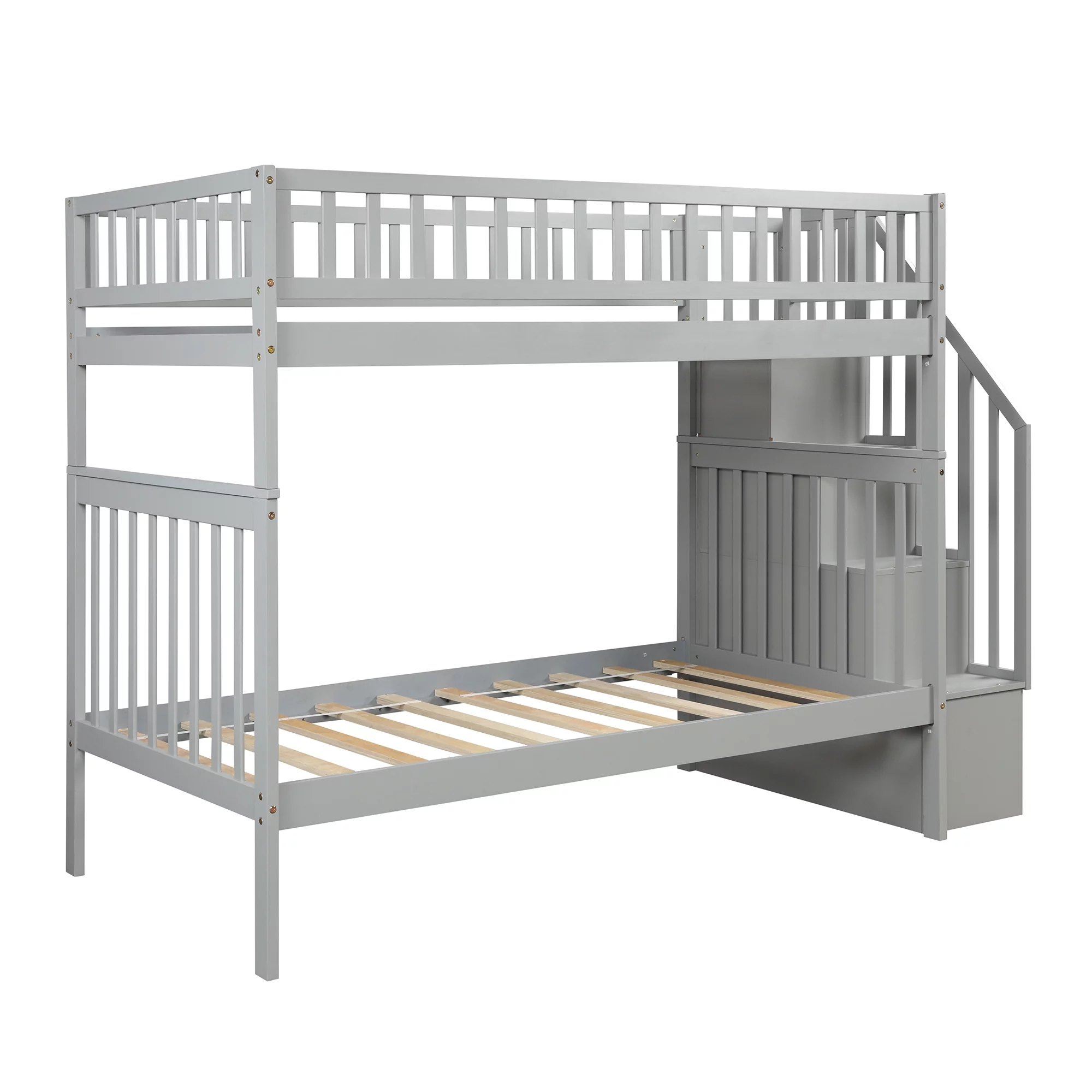 CHURANTY Solid Wood Bunk Bed Frame with Trundle,Twin Over Twin Loft Bed With Storage Stairways and Guardrails for Kids and Teens