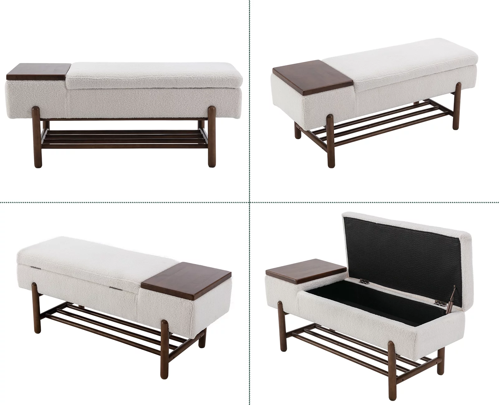 Guyou Storage Bench Sherpa End of Bed Ottoman Bench with Wooden Shoe Rack and Coffee Table, Modern Upholstered Long Seating Bench Entryway Bench for Hallway Foyer Living Room Bedroom, Beige