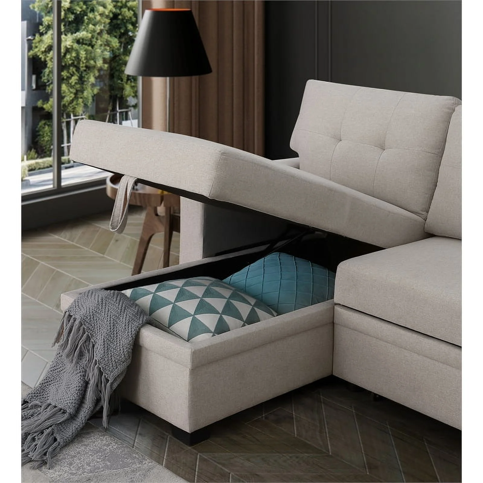 Devion Furniture Polyester Fabric Reversible Sleeper Sectional Sofa-Beige