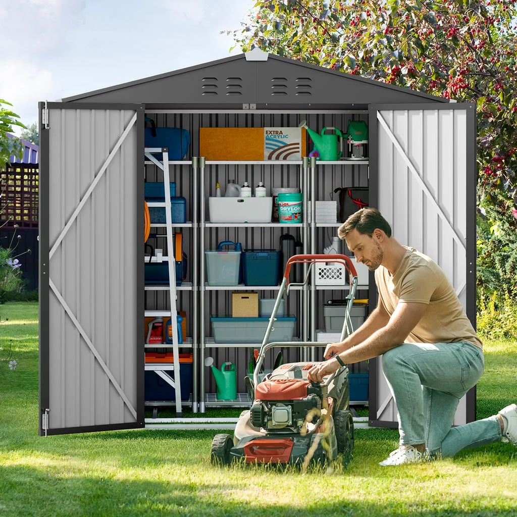Aiho 8' x 6' Shed, Outdoor Storage Shed with Metal Base Frame & Air Vent & Lockable Doors for Garden and Backyard - Gray