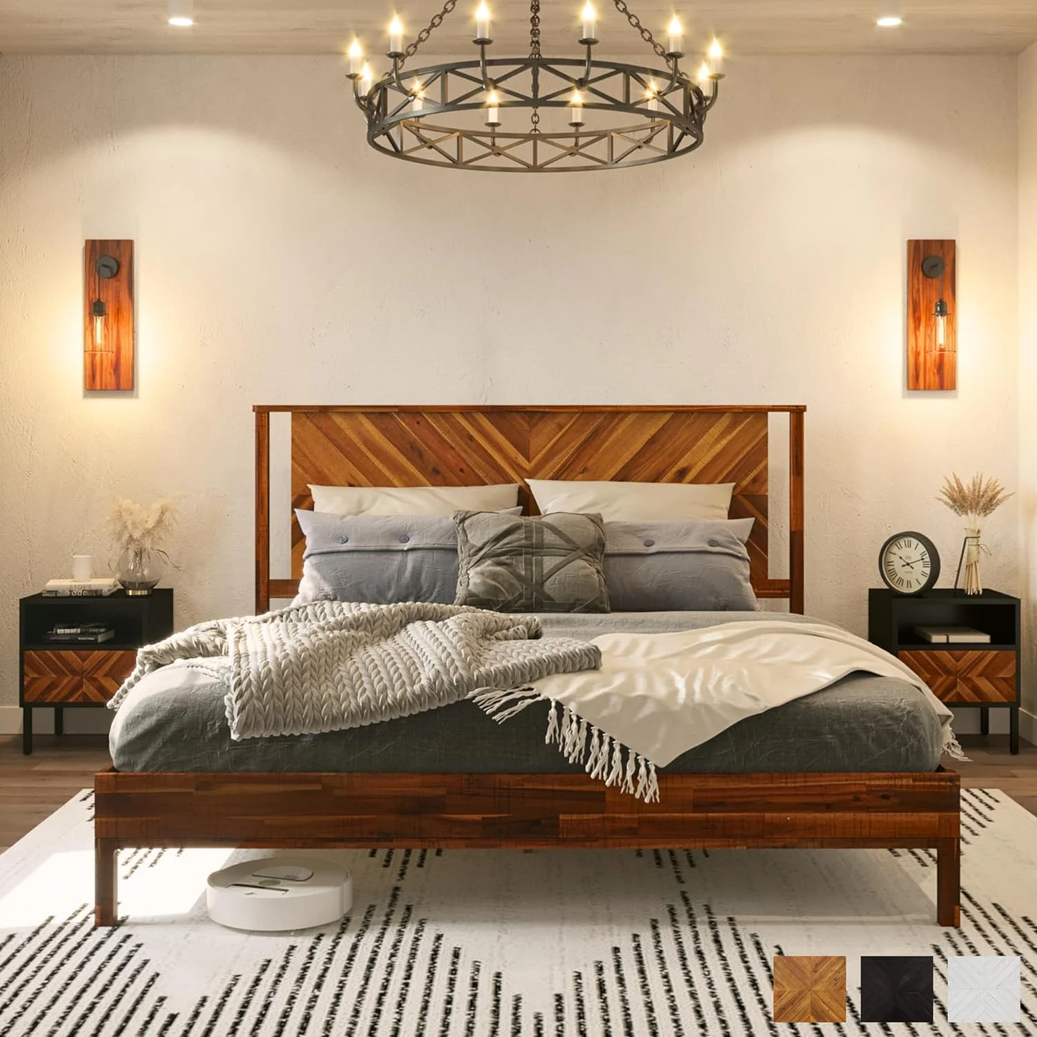 Bme King Size | Vivian 79x82x14in Deluxe Bed Frame with Headboard, Rustic Style, Solid Acacia Wood