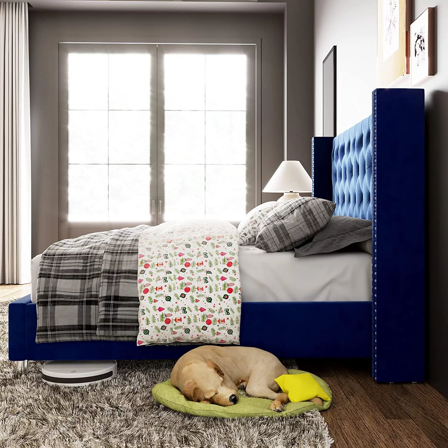 Bed Frame King Size Velvet Tufted Upholstered Bed Low Profile Platform Bed Raised Wingback Headboard/Wood Slats Support/No Box Spring Needed/Easy Assembly/Cream