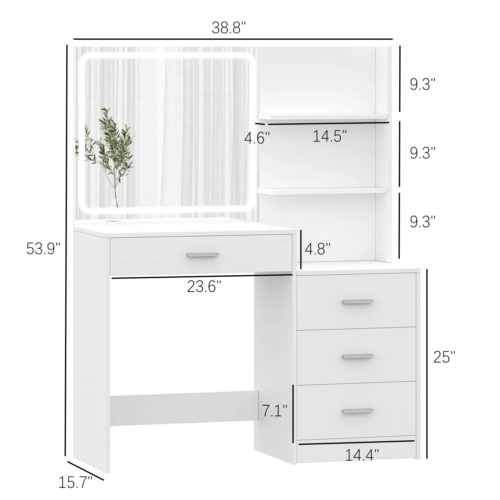 Rovaurx Makeup Vanity Table with Lights and Mirror, Storage Shelf & 4 Drawers, Dressing Desk, White
