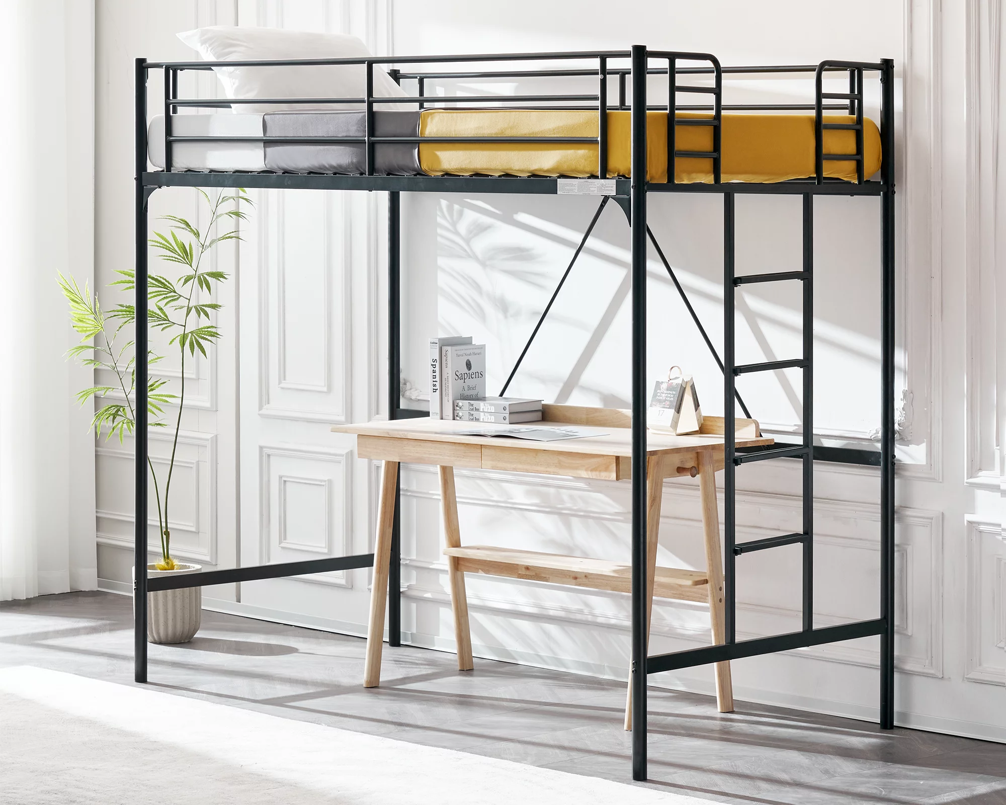 VINGLI Metal Loft Bed with Stairs and Flat Rung, Junior Loft Bed Twin Size High Loft Bed for Kids/Teens/Adults, No Box Spring Required, Black