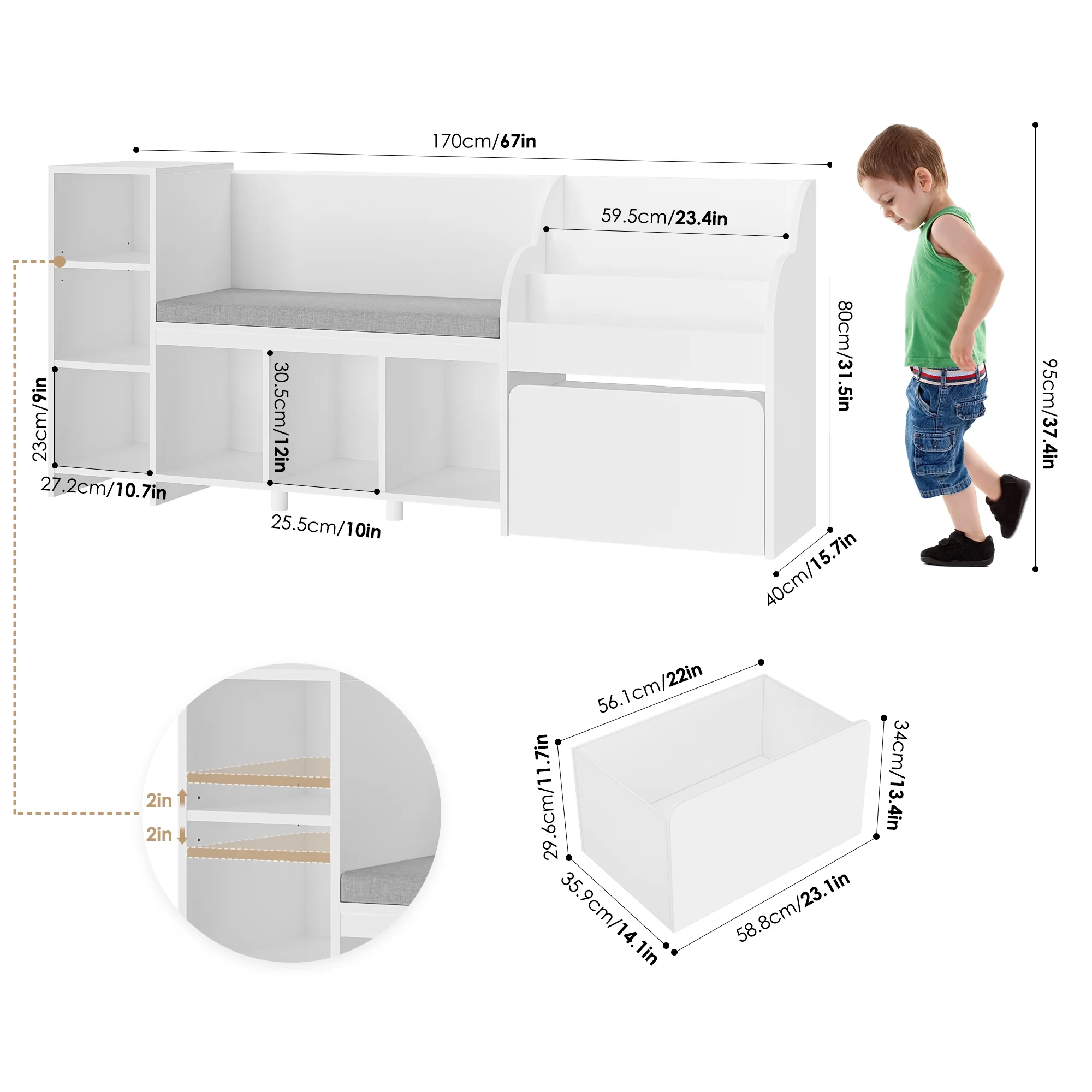 Homfa Kids Bookshelf with Reading Nook, 6 Shelf Bookcase with 1 Wood Toy Bin with 3 Tier Book Rack for Children Kidsroom