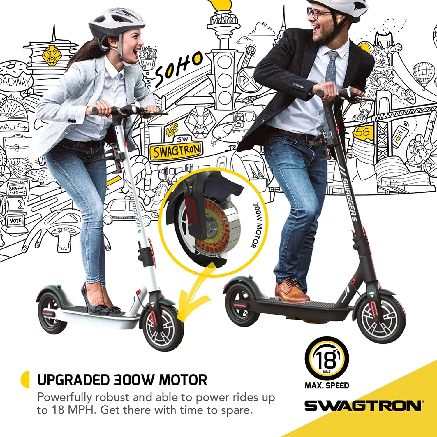 Swagtron Adult Electric Scooter Swagger 5 Boost, 320 lb Weight limit, 8.5 Inch No-flat Tires, 300W Motor, Folding, 18 mph, Enhanced Long Range (Recertified)