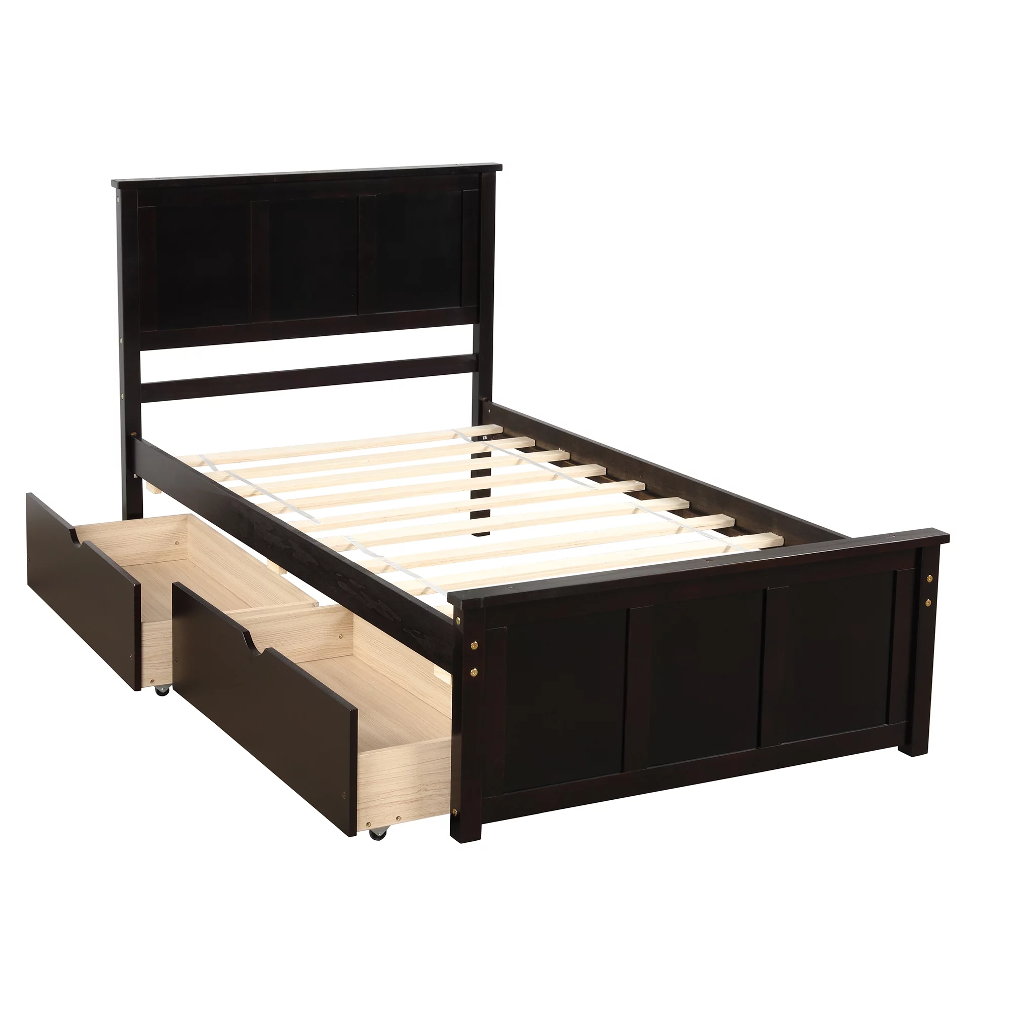 Euroco Wood Twin Platform Bed with Headboard & 2 Storage Drawers for Kids, Espresso