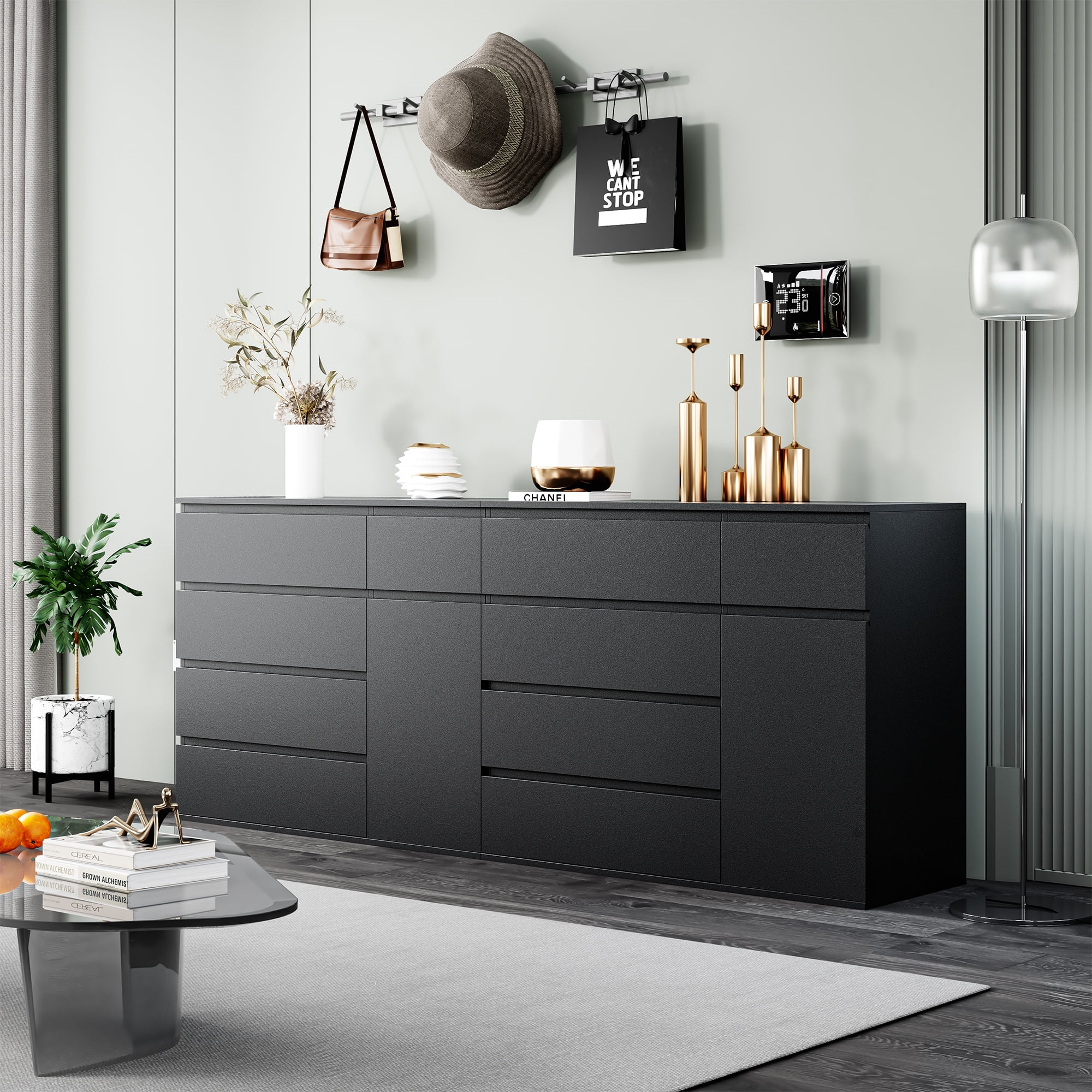 Homfa 5 Drawer Dresser with Door, Modern Accent Storage Cabinet Chest of Drawers for Bedroom Living Room, Black