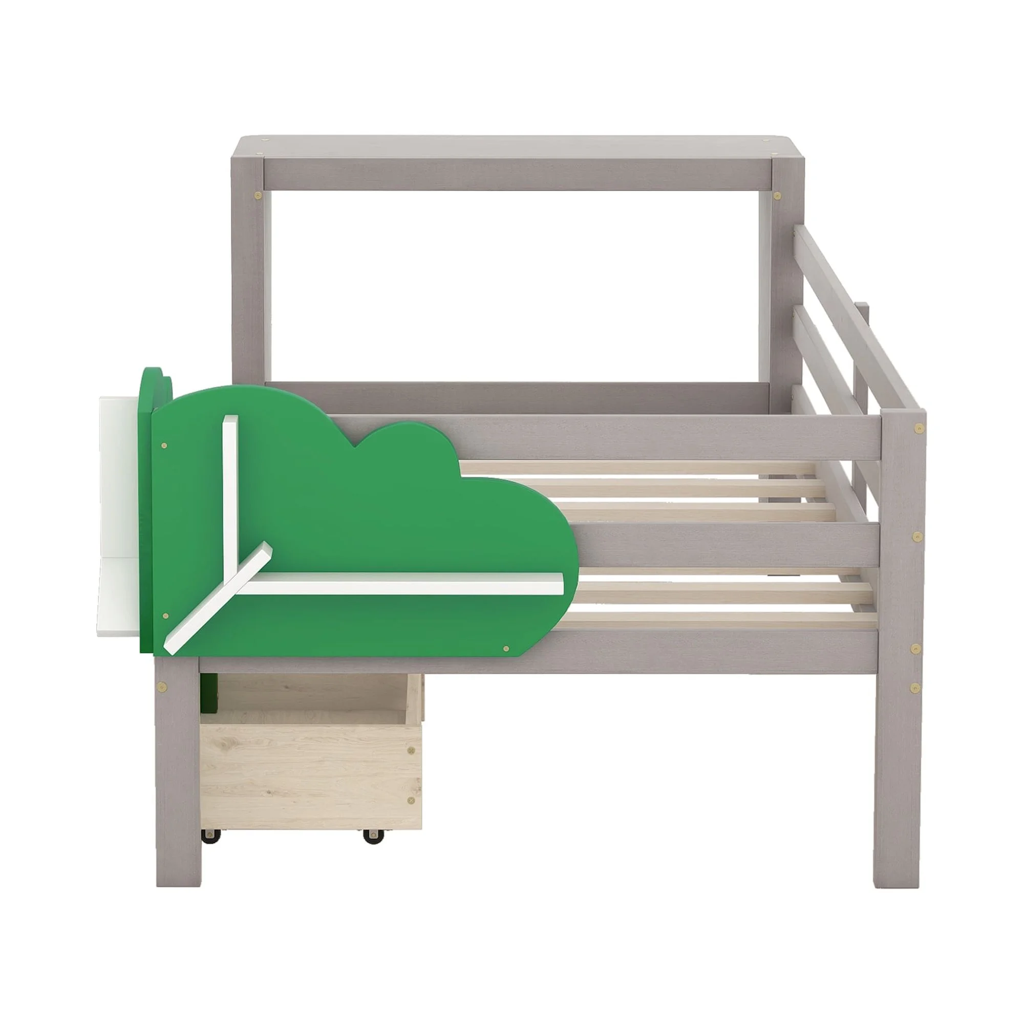 Churanty Twin Size Daybed with Storage Drawers and Desk,Wood Twin Bed Frame with Green Leaf Shape Shelves for Kids Bedroom,Gray