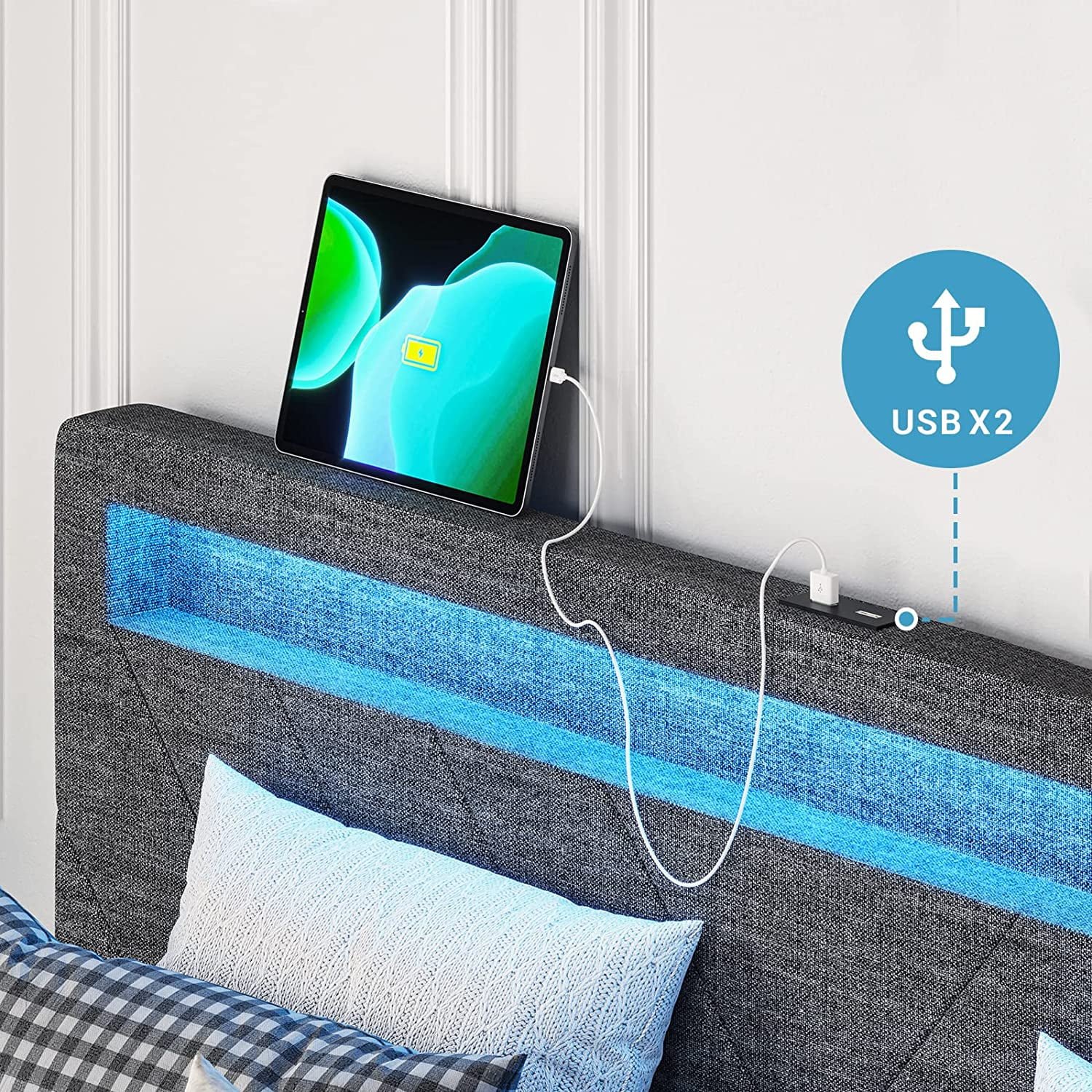 Afuhokles Queen Bed Frame with LED Lights Headboard, 4 Drawers,2 USB Charging Station, Upholstered Platform Bed, Dark Gray