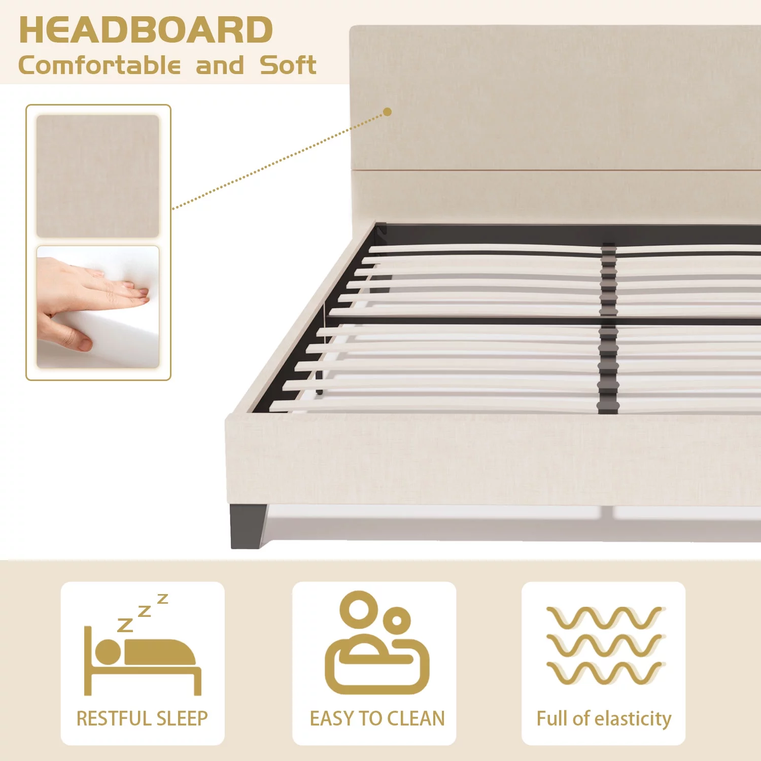 Williamspace Full Size Platform Bed Modern Metal Bed Frame with Fabric Headboard Frame with Wood Slat Support No Box Spring Needed,Beige