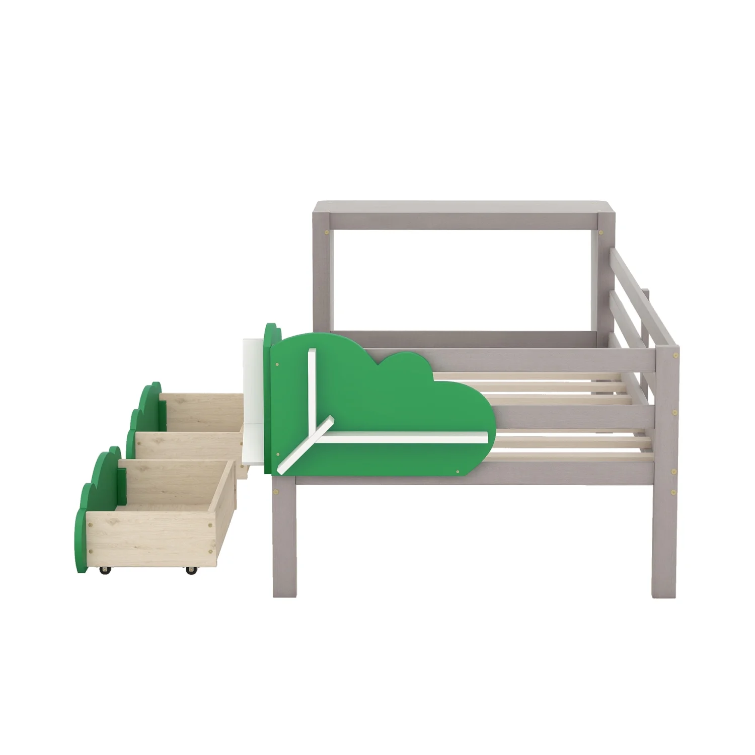 Churanty Twin Size Daybed with Storage Drawers and Desk,Wood Twin Bed Frame with Green Leaf Shape Shelves for Kids Bedroom,Gray