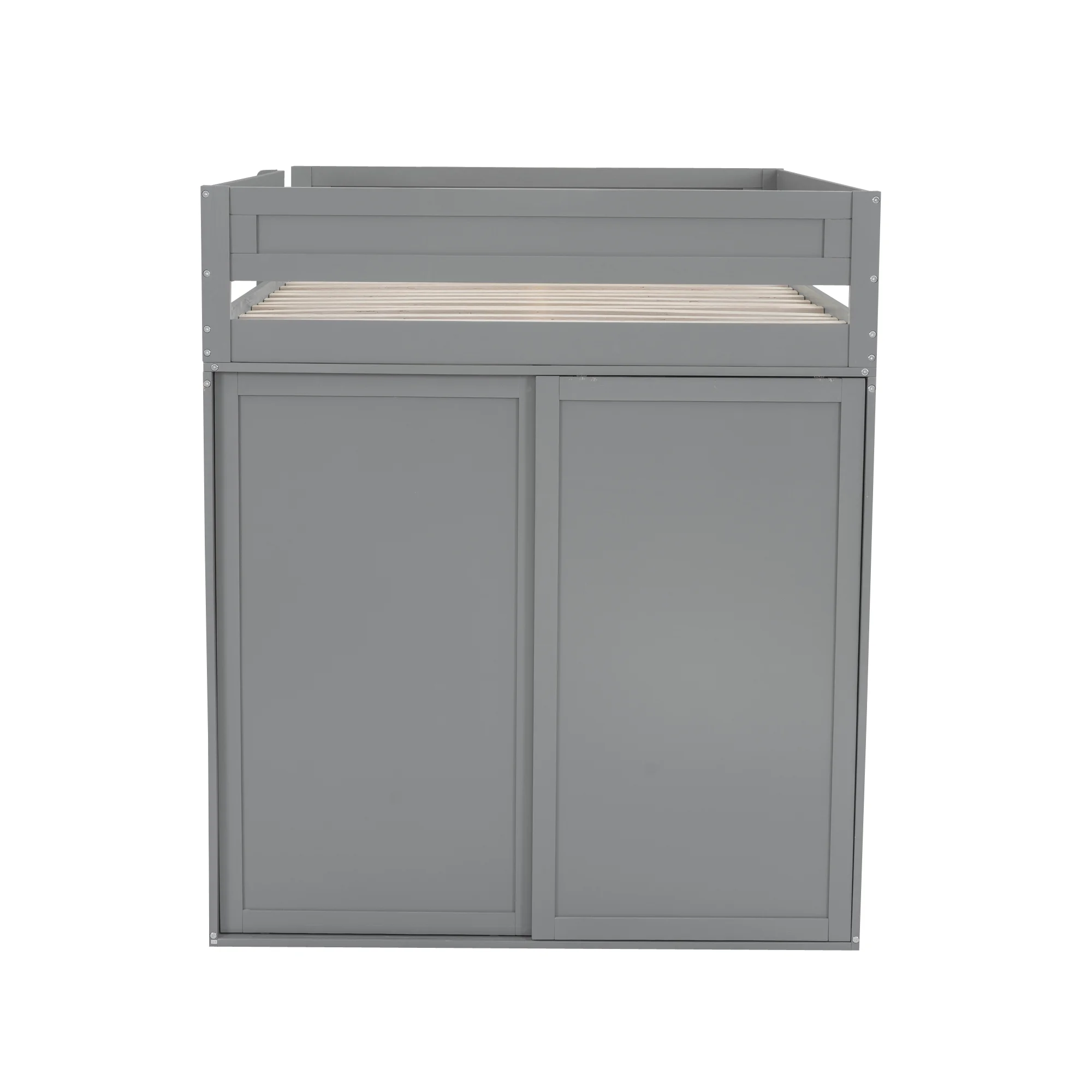 EUROCO Wood Full Size Loft Bed, Storage Desk and Drawers, Wardrobe with Clothes Hanger and Sliding Door for Living Room, Gray