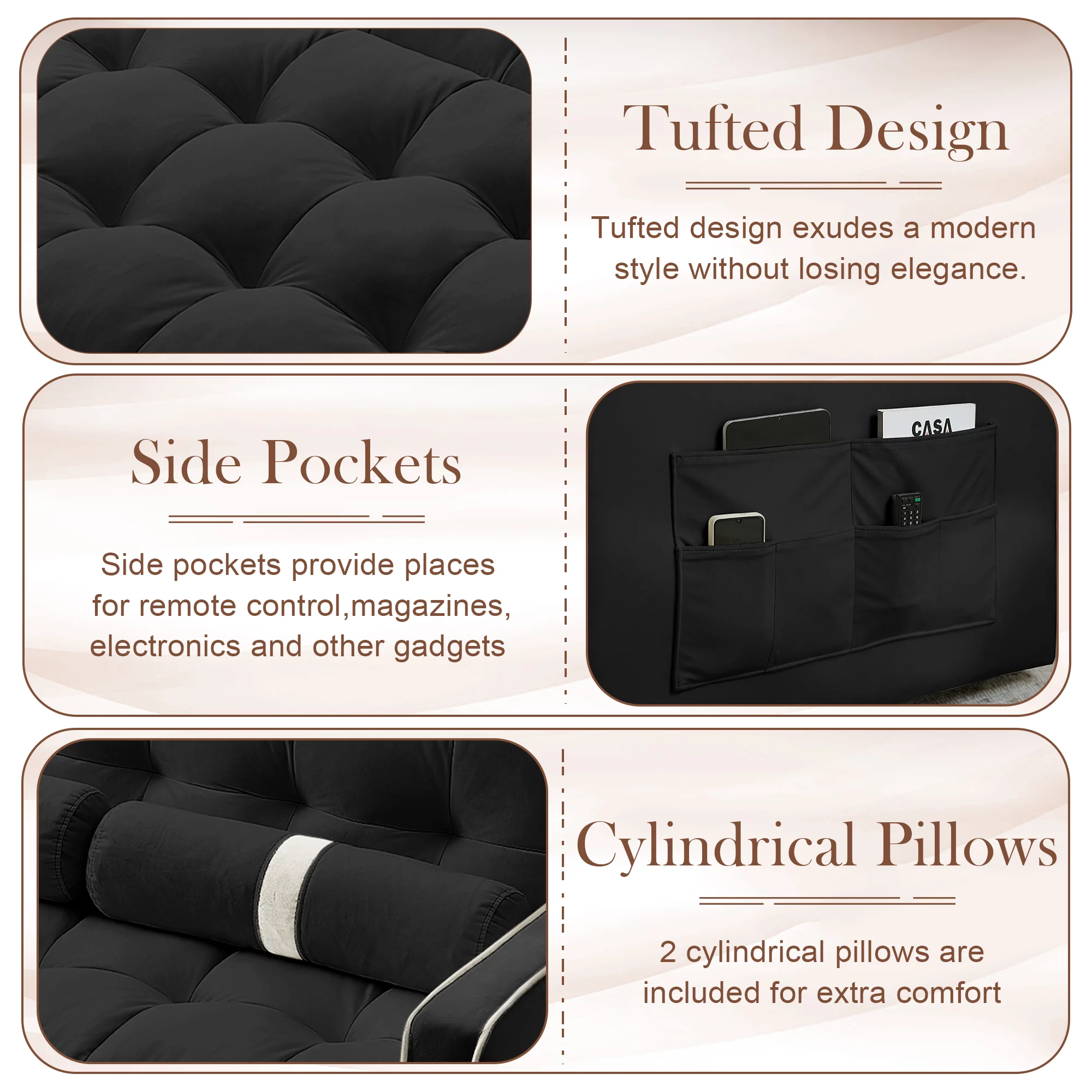 KINFFICT Futon Sofa Bed, Convertible Sleeper Sofa Bed with Pull Out Couch, Modern Velvet Loveseat Sleeper, Small Couch for Living Room, Black