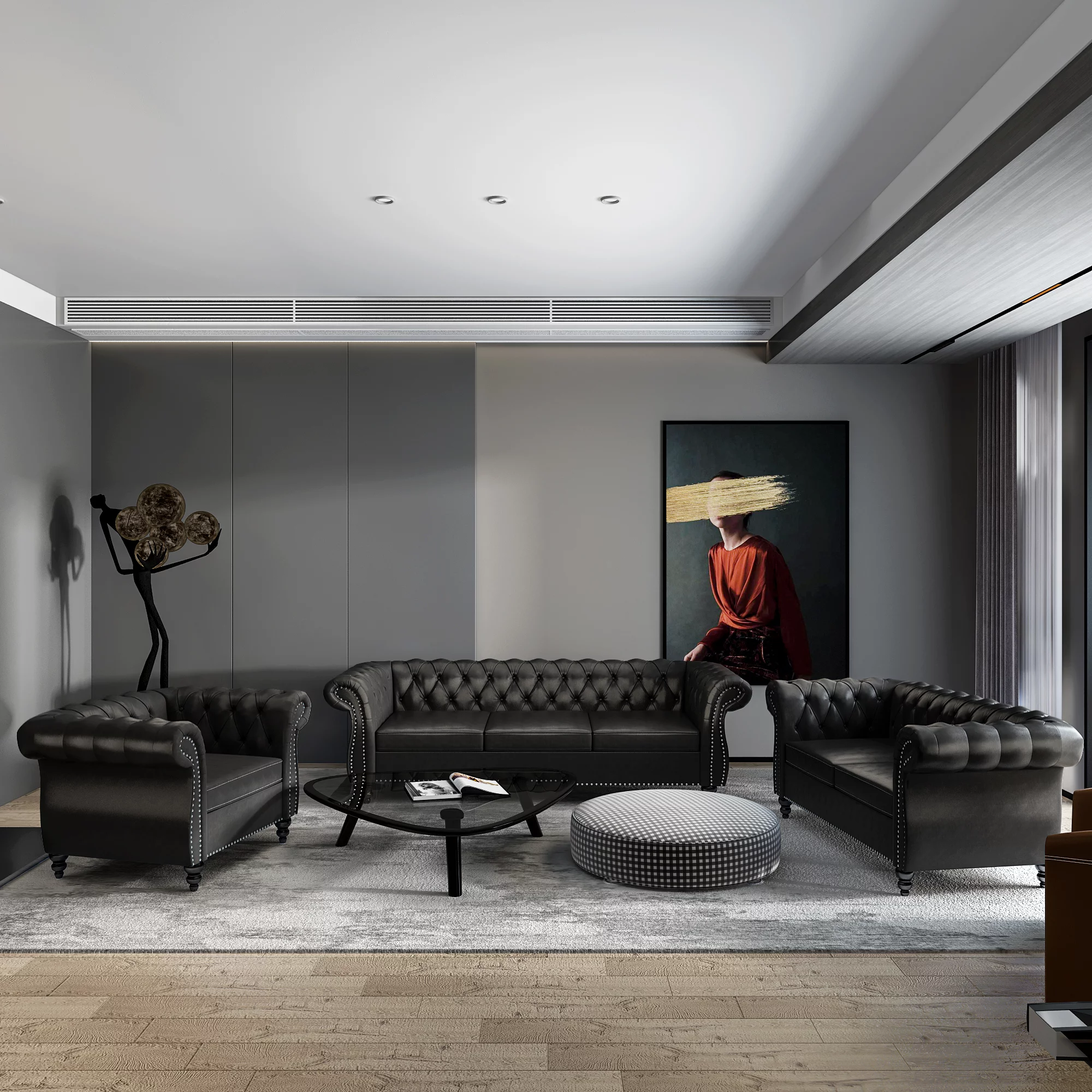 Yocwo Faux leather Couches Set for Living Room,3 Piece Sofa with Including Three Seat Sofa, Loveseat and Single Chair for Apartment Furniture Set (Black)