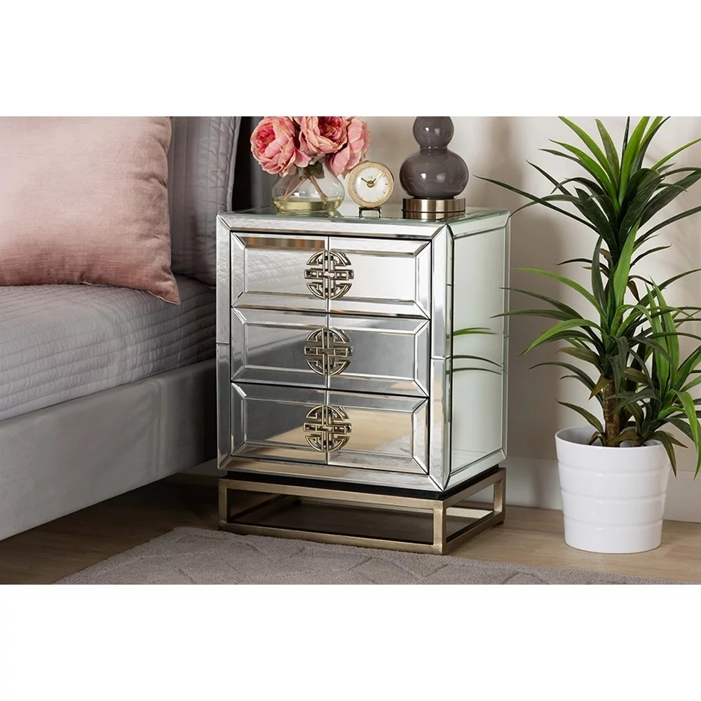 Laken Contemporary Glam and Luxe Mirrored and Antique Bronze Finished 3-Drawer Nightstand