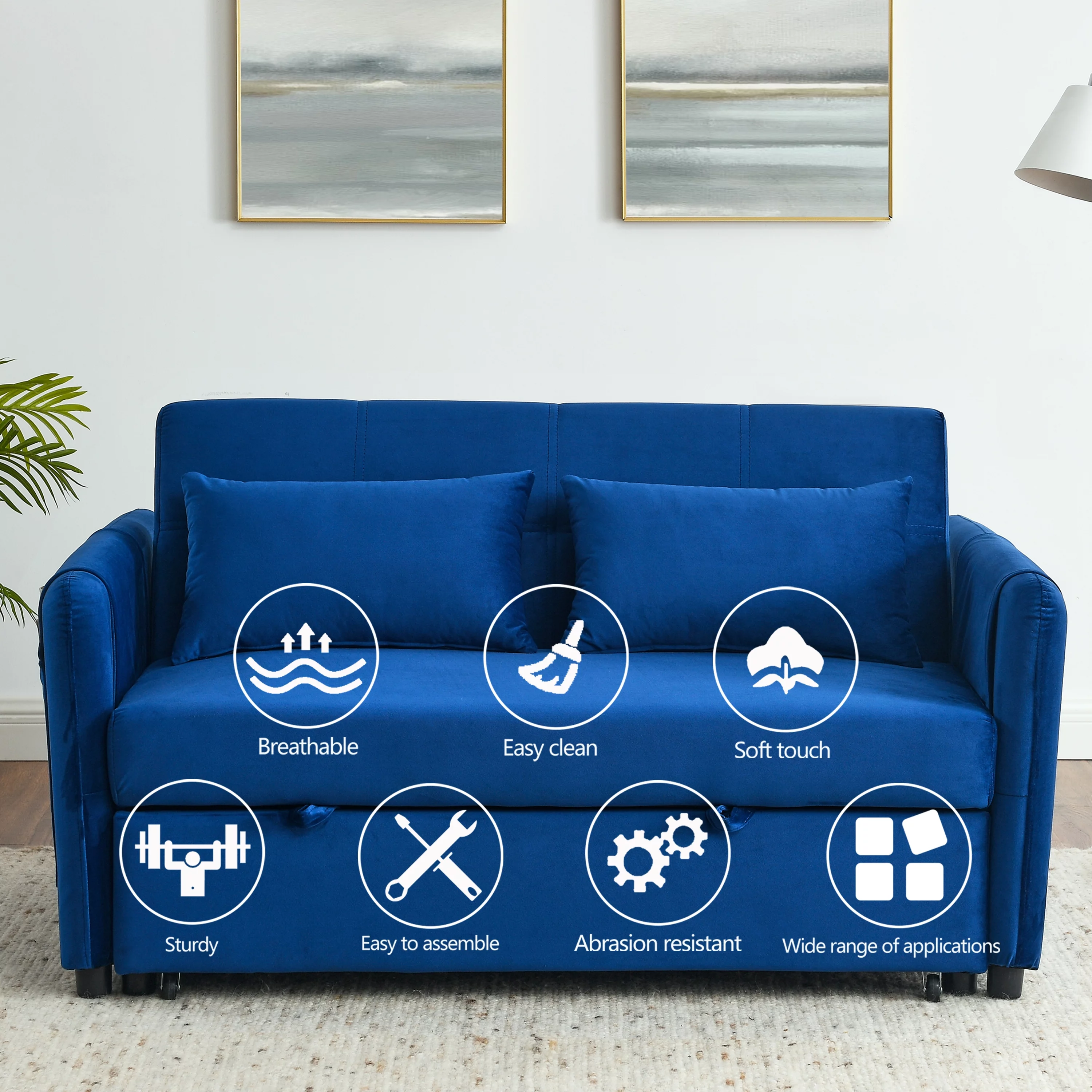 Modern Velvet Pull Out Convertible Sleeper Sofa Bed, Folding Loveseat Futon Couch with Adjustable Backrest Lumbar Pillows for Living Room Bedroom Office