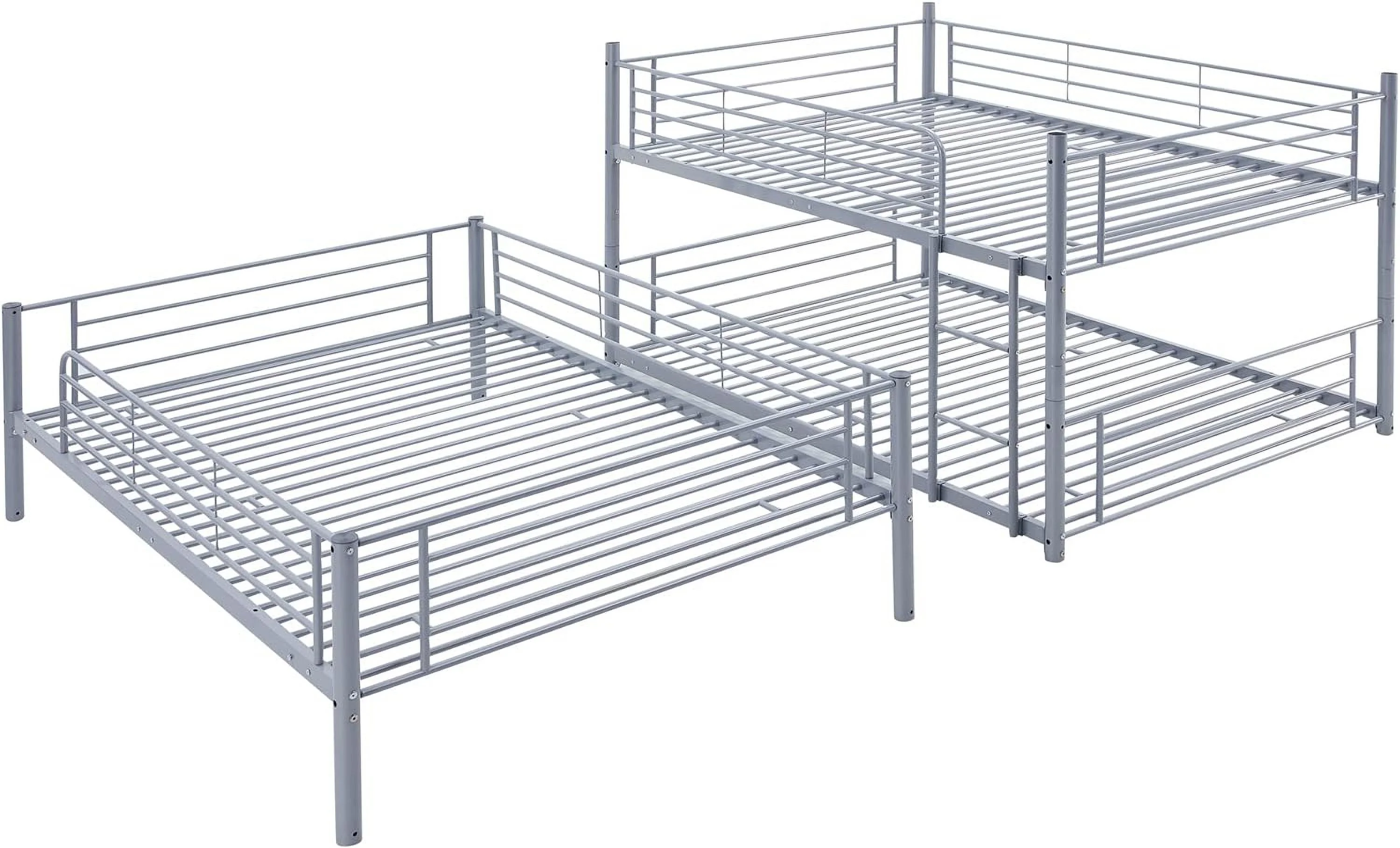 Tabaray Triple Beds Full-Full-Full Floor Bunk Bed with 2 Convertible Ladders and Iron Slats, Steel Bedframe with Guardrails for Teens Adults Boys Girls (Grey)