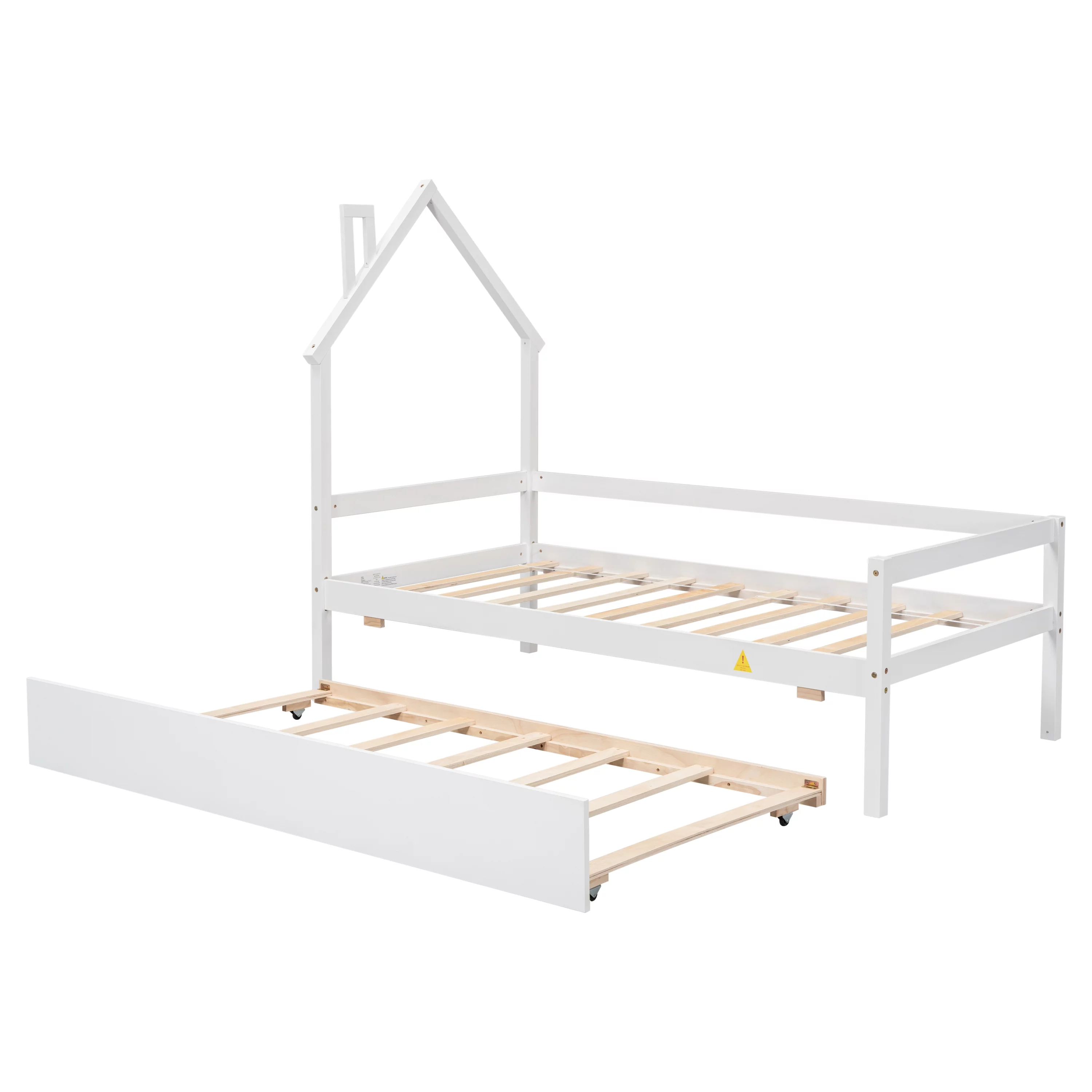 Bellemave Twin Size Daybed Bed with Trundle and House-shaped Headboard Twin Wood Platform Bed Frame with Guardrails Montessori House Bed for Kids, Toddlers, Boys, Girls, White
