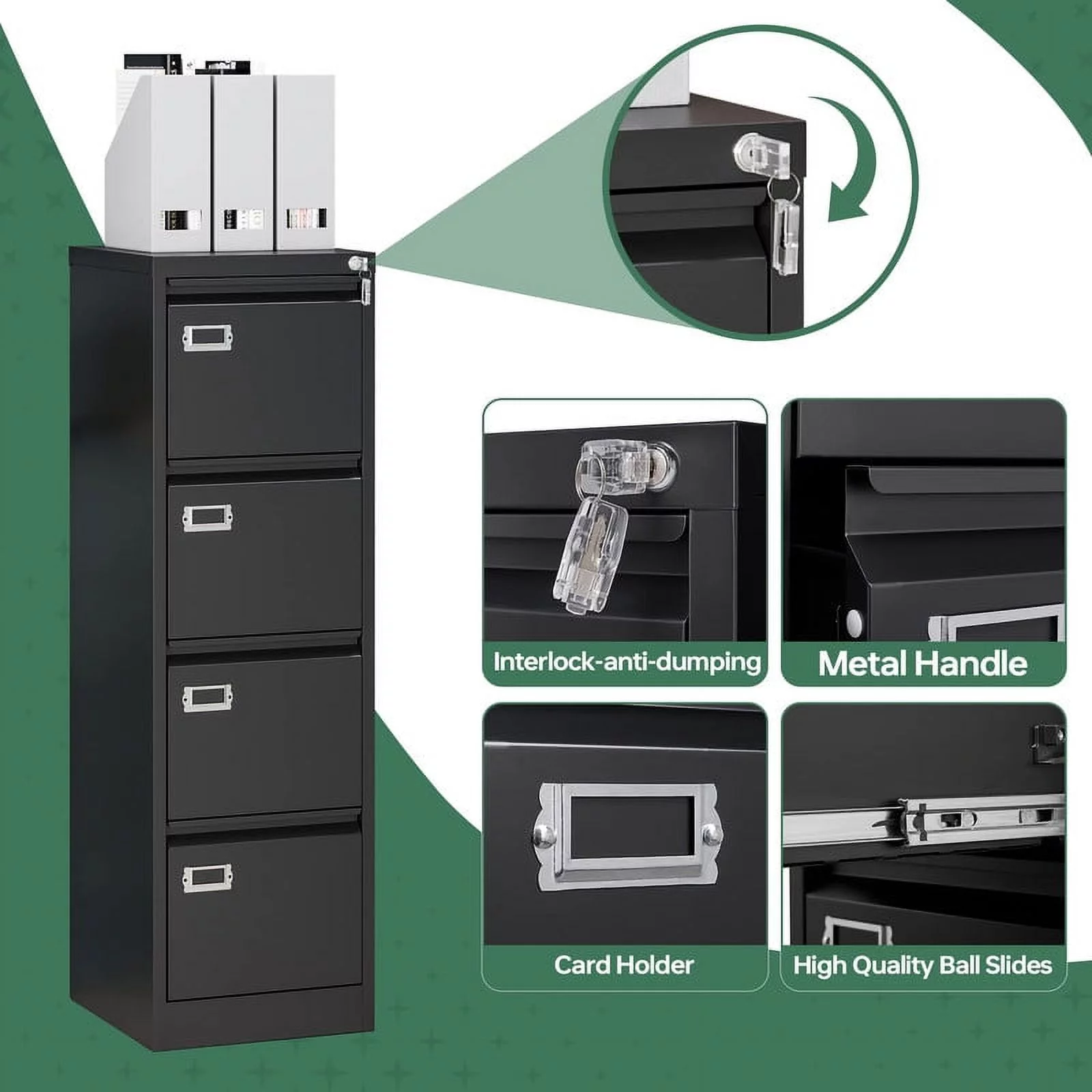 MIIIKO 4 Drawer File Cabinet,Metal Vertical Filing Cabinets with Lock,Storage A4/F4/Letter/Legal for Home Office-Assembly Required (4 Drawer-Black)