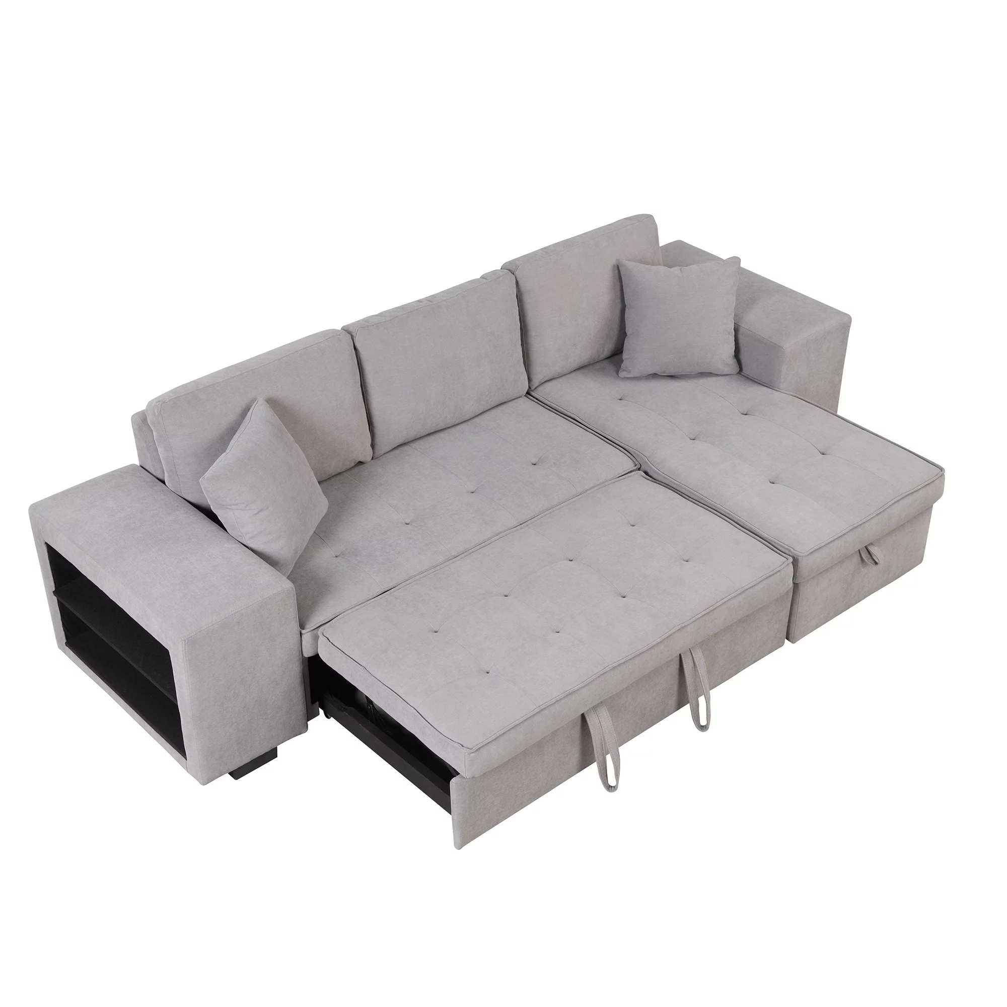 Euroco L-Shape Sectional Sofa 3 Seat Reversible, Pull Out Sleeper Sofa with Chaise, Storage Couch with 2 Stools for Living Room Furniture Set, Light Gray, 104