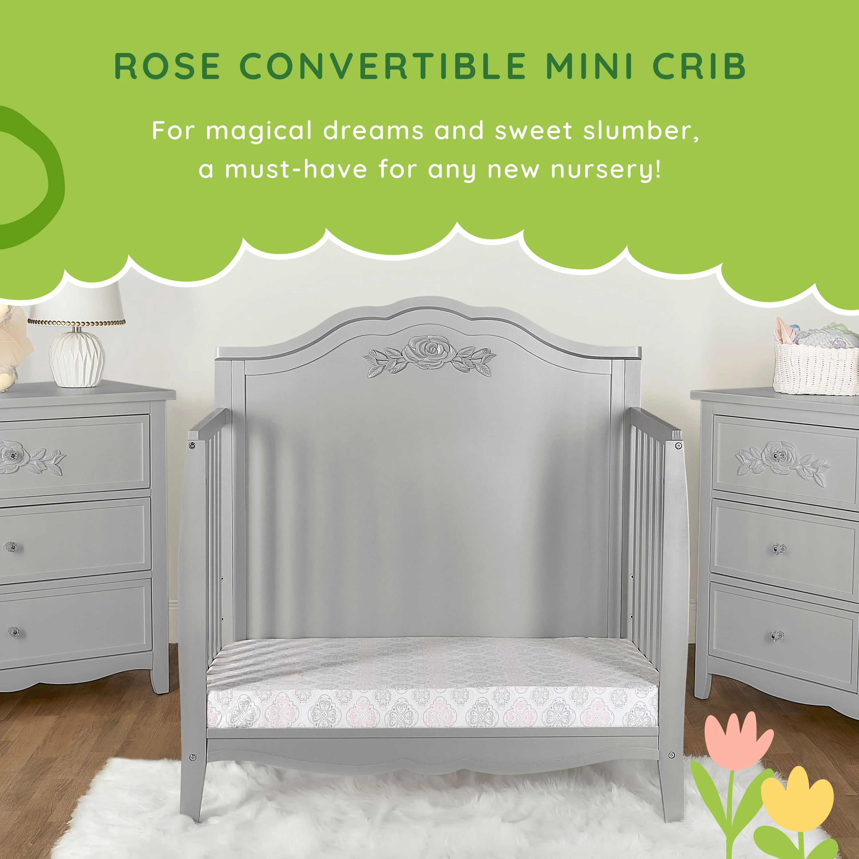 SweetPea Baby Rose 4-in-1 Convertible Mini Crib in Platinum, JPMA Certified Baby Crib, Non-Toxic Finish, New Zealand Pinewood, with 3 Mattress Height Settings Crib Platinum