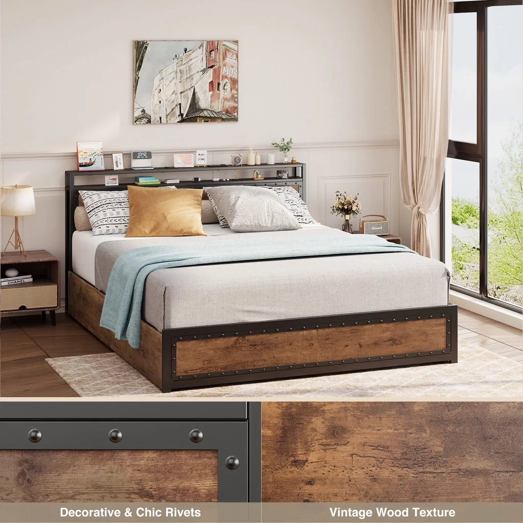Aiho Queen Size Metal Bed Frame with Drawers and Headboard for Bedroom - Brown