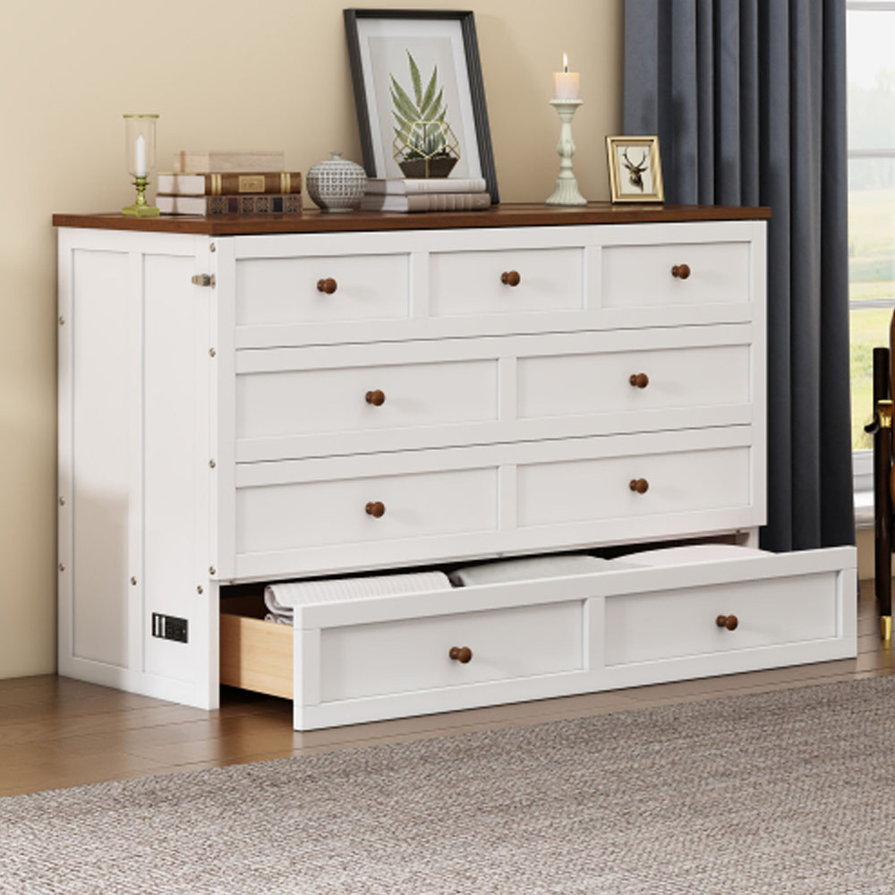 Solid Pine Murphy Bed Chest with Charging Station and Large Storage Drawer for Home Office or Small Room , Full, White+Walnut