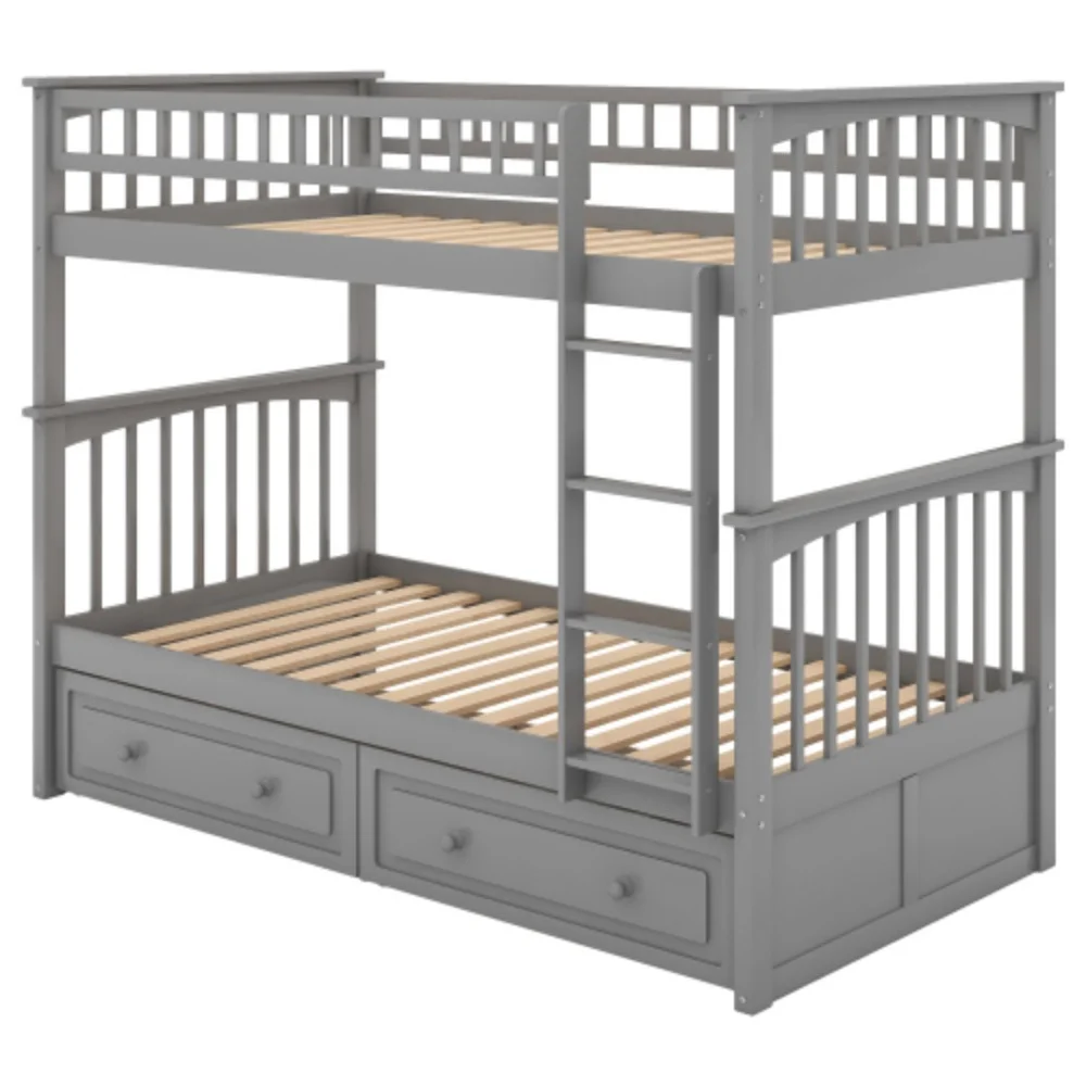 Twin over Twin Bunk Bed with Drawers, Convertible Beds, Gray  Gray + Pine