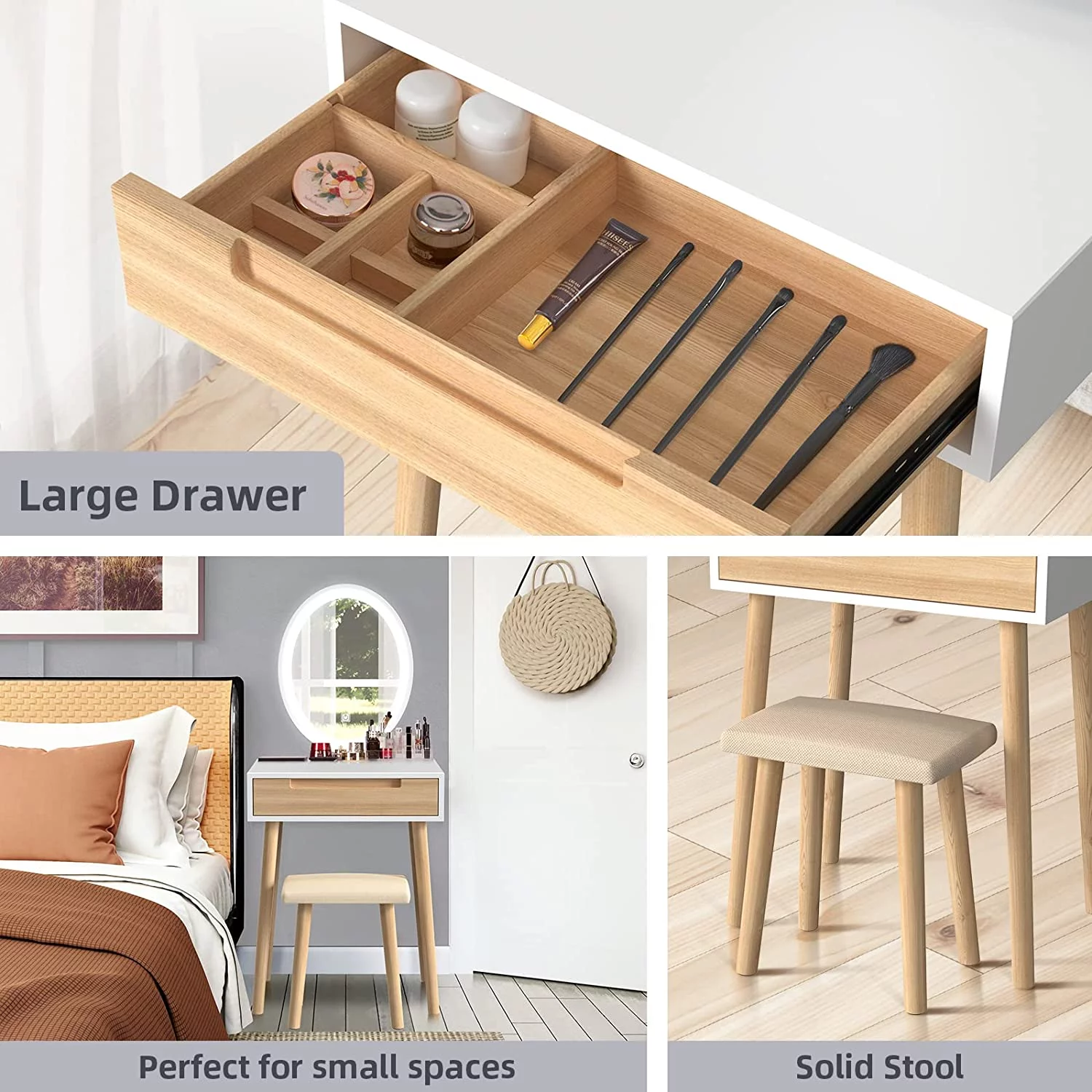 ELEWISH Makeup Vanity Table Set with 3 Modes Adjustable Lighted Mirror Cushioned Stool, Dressing Table for Small Space with Free Make-up Organizer (White+Wood)