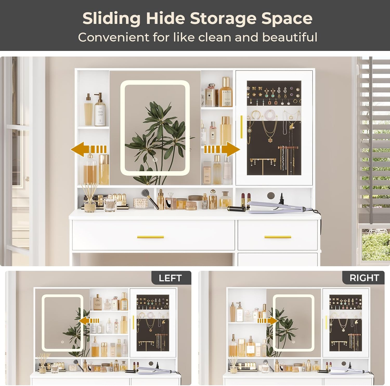 Makeup Vanity Desk with Mirror and Lights, Modern Vanity Desk Dressing Table with Charging Station&2 Drawers&Jewelry Cabinet for Women Girls, White