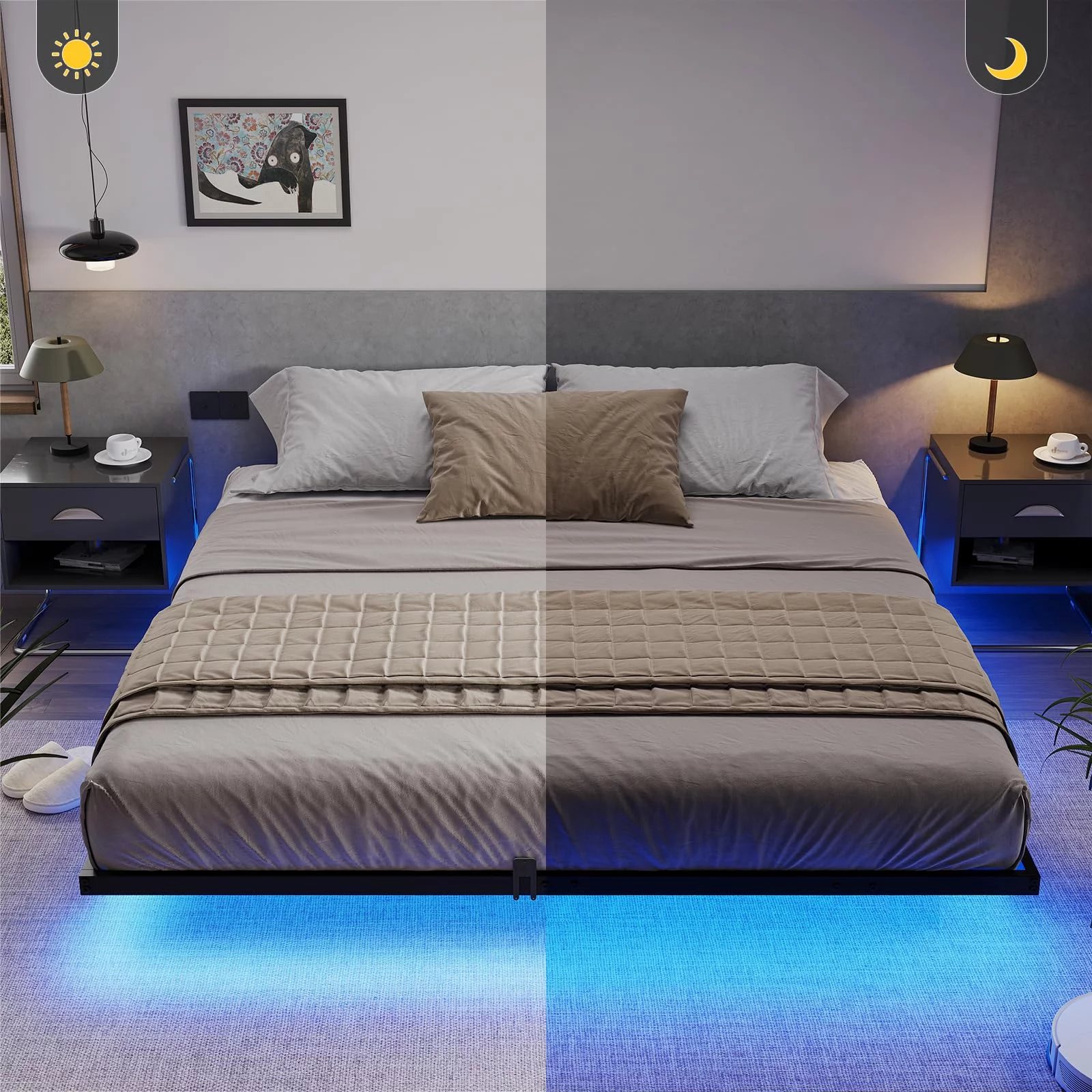Metal Floating Bed Frame Queen Size Metal Platform Bed Frame with LED Lights,No Box Spring Needed