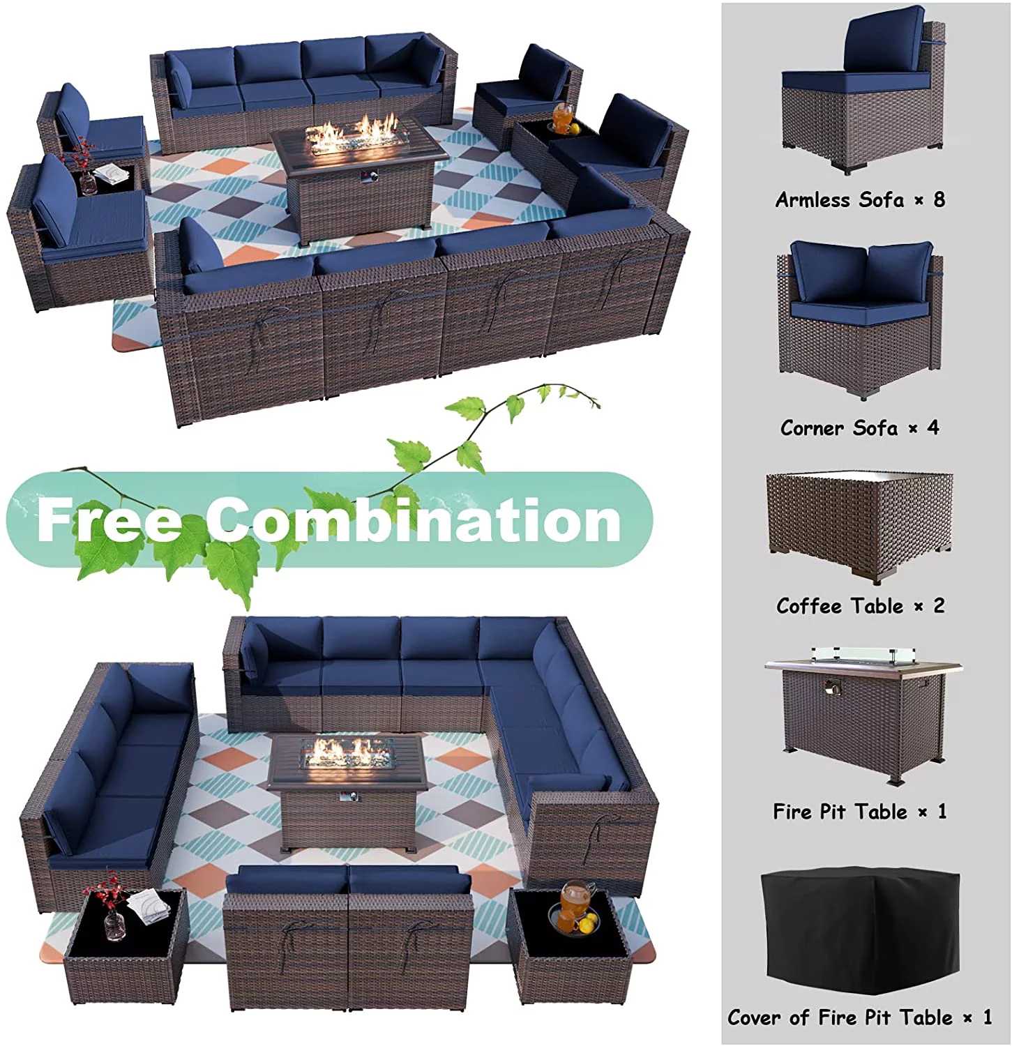 Gotland 15 Pieces Outdoor Patio Furniture Set with Propane Fire Pit Table Outdoor Sectional Sofa Sets Patio Furniture 43