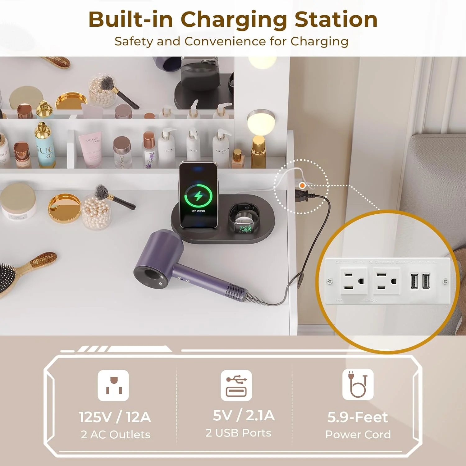 Afuhokles Vanity Desk with Lighted Mirror and Charging Station, Makeup Vanity Table with 5 Drawers, Visual Drawer, White