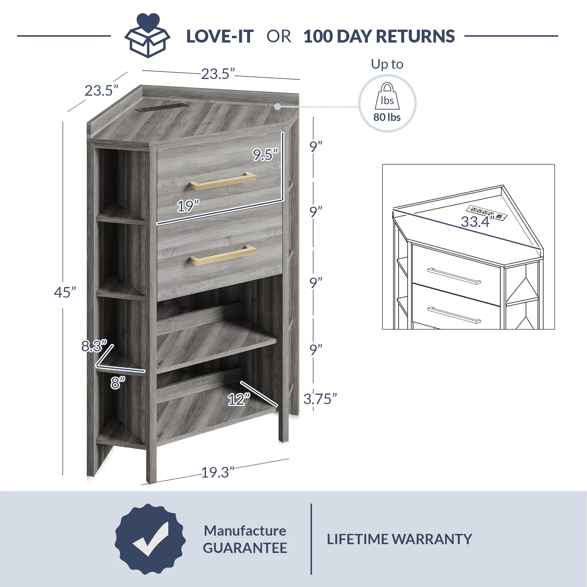 BELLEZE Corner Cabinet with Power Strip, Corner Table with 2 Storage Drawers and 10 Shelves, Store and Organize Home Furniture for Small Space - Sonoma (Gray)