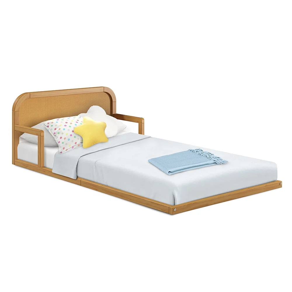 P’kolino Curva Rattan Kids Twin Floor Bed Frame with Headboard- FSC Certified Solid Pine Wood- Natural