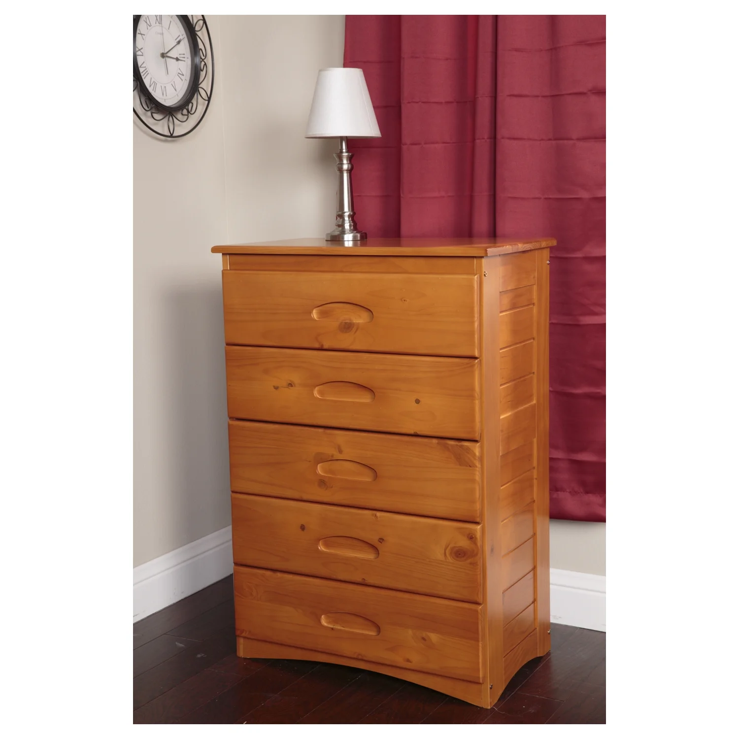 American Furniture Classics Model 82155 Solid Pine Five Drawer Chest in Warm Honey
