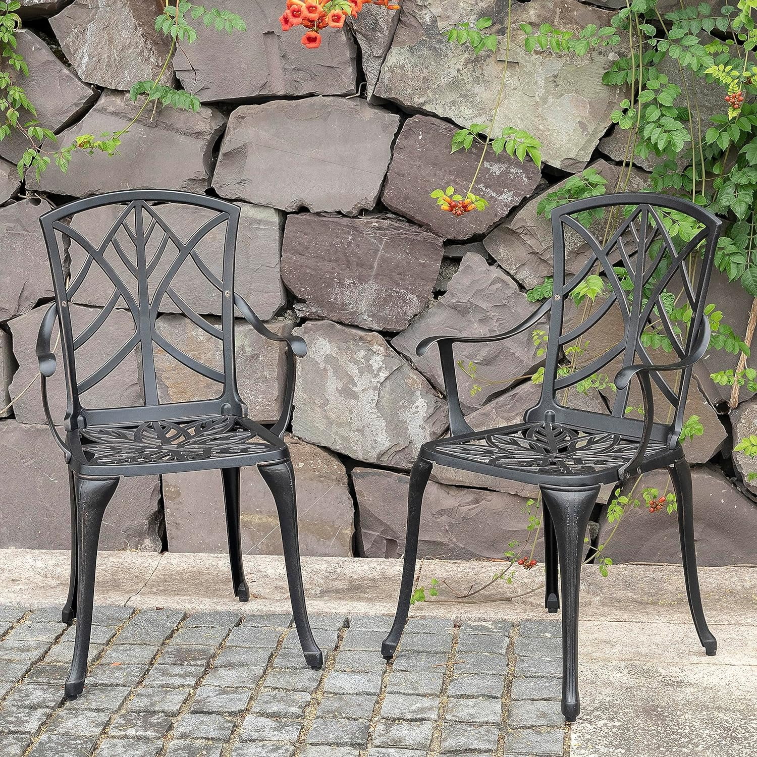 Patio Chairs Set of 2 Outdoor Dining Chairs, Cast Aluminum Stackable Patio Dining Chairs with Armrest for , Balcony, Backyard, Support 300 lbs, Black with Gold-Painted Edge