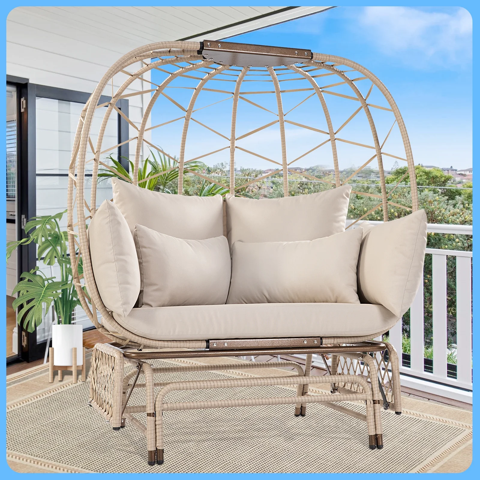 NICESOUL Double Wicker Rocking Egg Chair Indoor Outdoor Oversized Egg Basket Lounge Chair for 2 Persons with Legs, Patio Egg Chair with Thick Cushions 500lbs Egg Shaped Loveseat Bedroom(Beige)