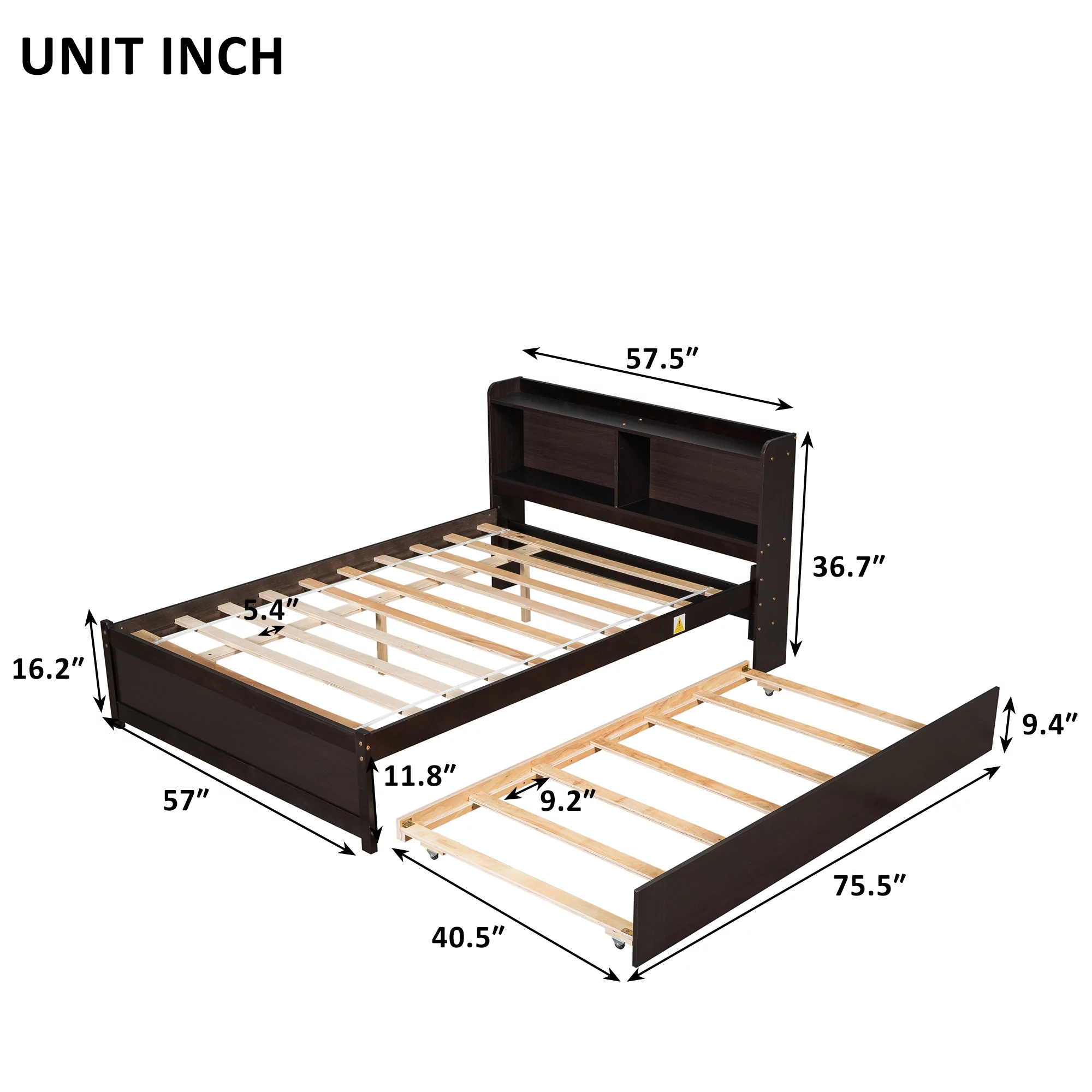 uhomepro Full Bed Frame with Bookcase Headboard and Trundle, Upgrade Pine Wood Platform Bed Frame for Kids, Modern Kids Bed Furniture for Bedroom, No Box Spring Needed, Espresso